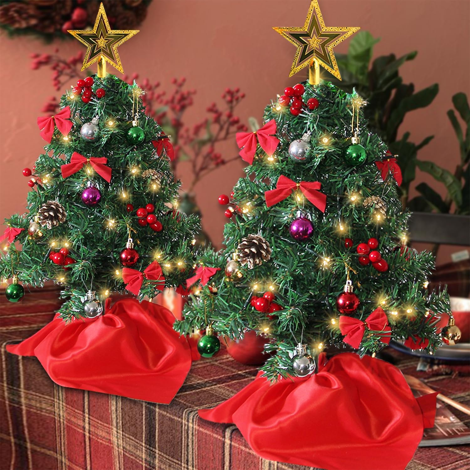 Juegoal 24 Inch Mini Christmas Tree Set, Table Top Artificial Christmas Trees with 50 LED Lights, Ornaments and Red Berries, Best DIY Christmas Decorations