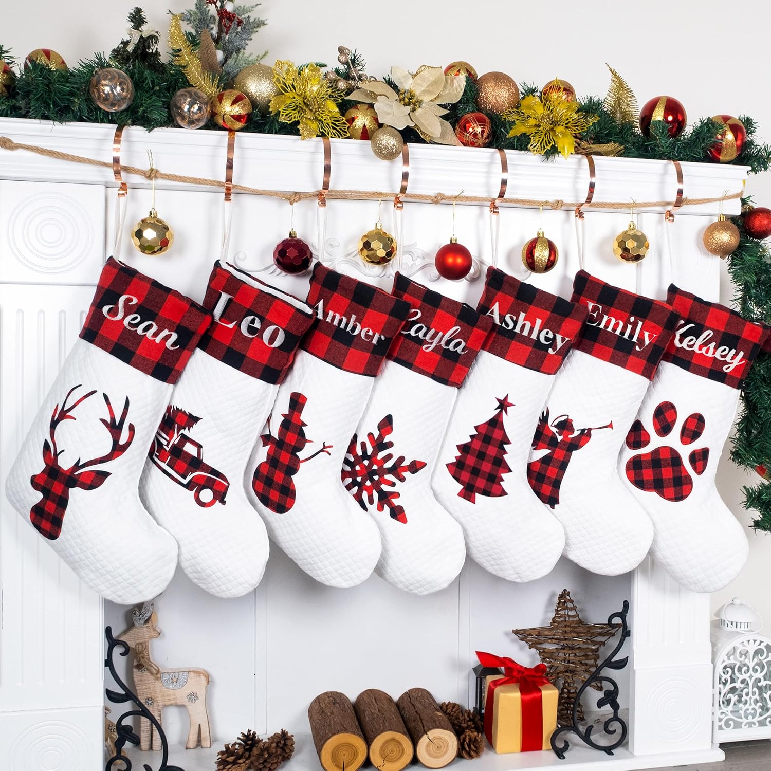 LUBOT Set of 8 Christmas Stocking(20inch) Silhouette Buffalo Red Plaid/Rustic/Farmhouse/Country Cotton Fireplace Hanging Xmas Stockings Decorations for Family Holiday Season Decor