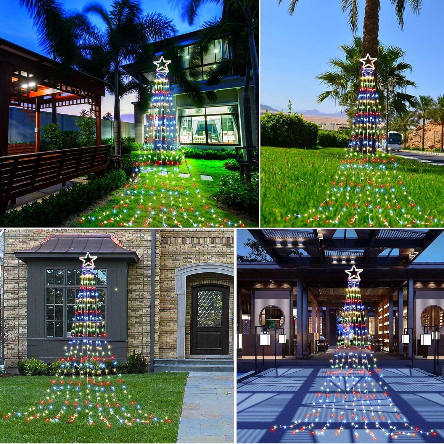 PUHONG Christmas Lights, Decorations Star Lights, 320 LED Christmas Tree Lights Outdoor, 16.4Ft String Lights, 8 Light Modes with 12 Lighted Star for Xmas New Year (Iron-Multicolor)