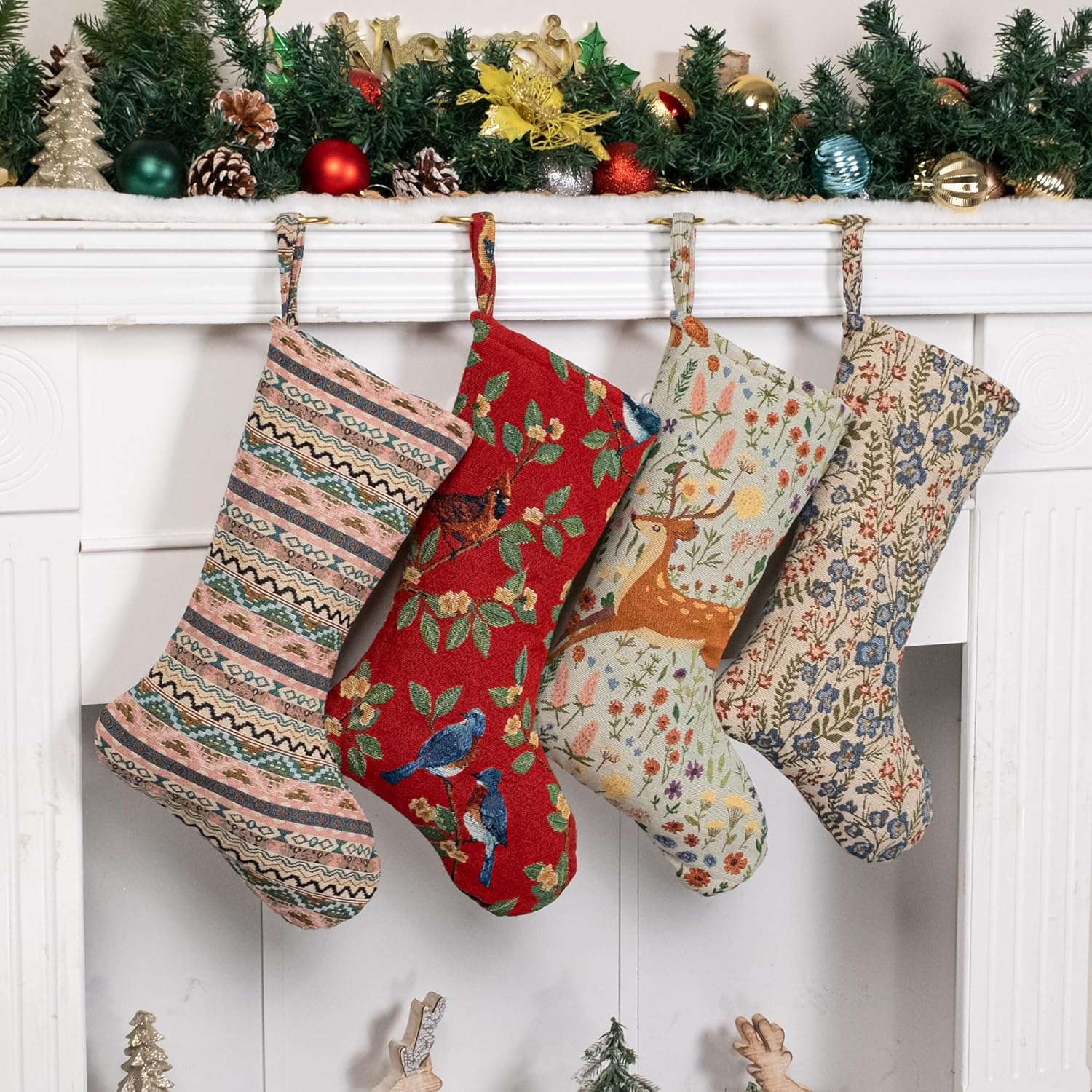 LUBOT Set of 8 Christmas Stocking(20inch) Silhouette Buffalo Red Plaid/Rustic/Farmhouse/Country Cotton Fireplace Hanging Xmas Stockings Decorations for Family Holiday Season Decor