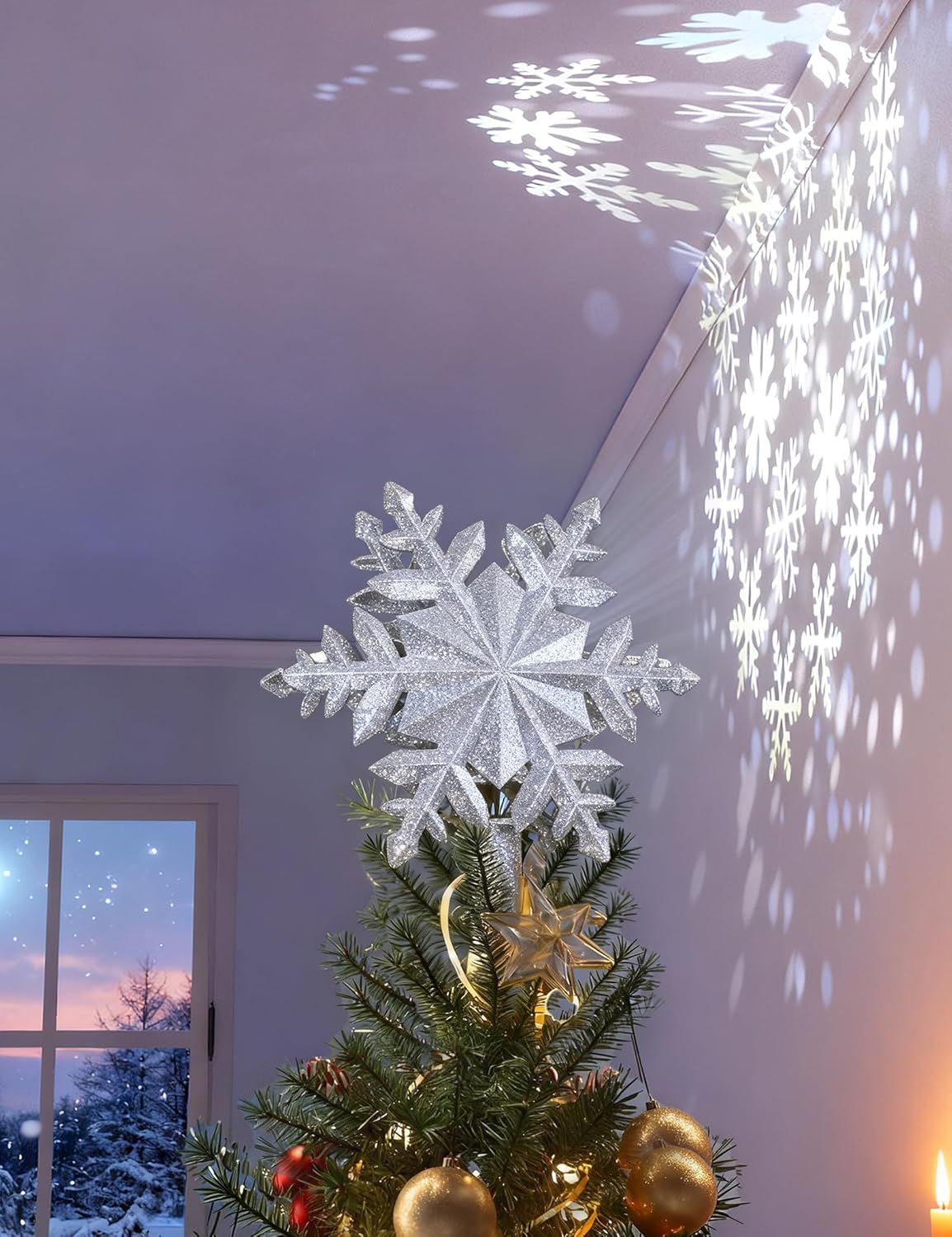 DG-Direct Christmas Tree Topper Lighted with Golden Snowflake Projector, Led Rotating Magic Snowflake, 3D Hollow Glitter Lighted Gold Snow Tree Topper for Christmas Tree Decorations