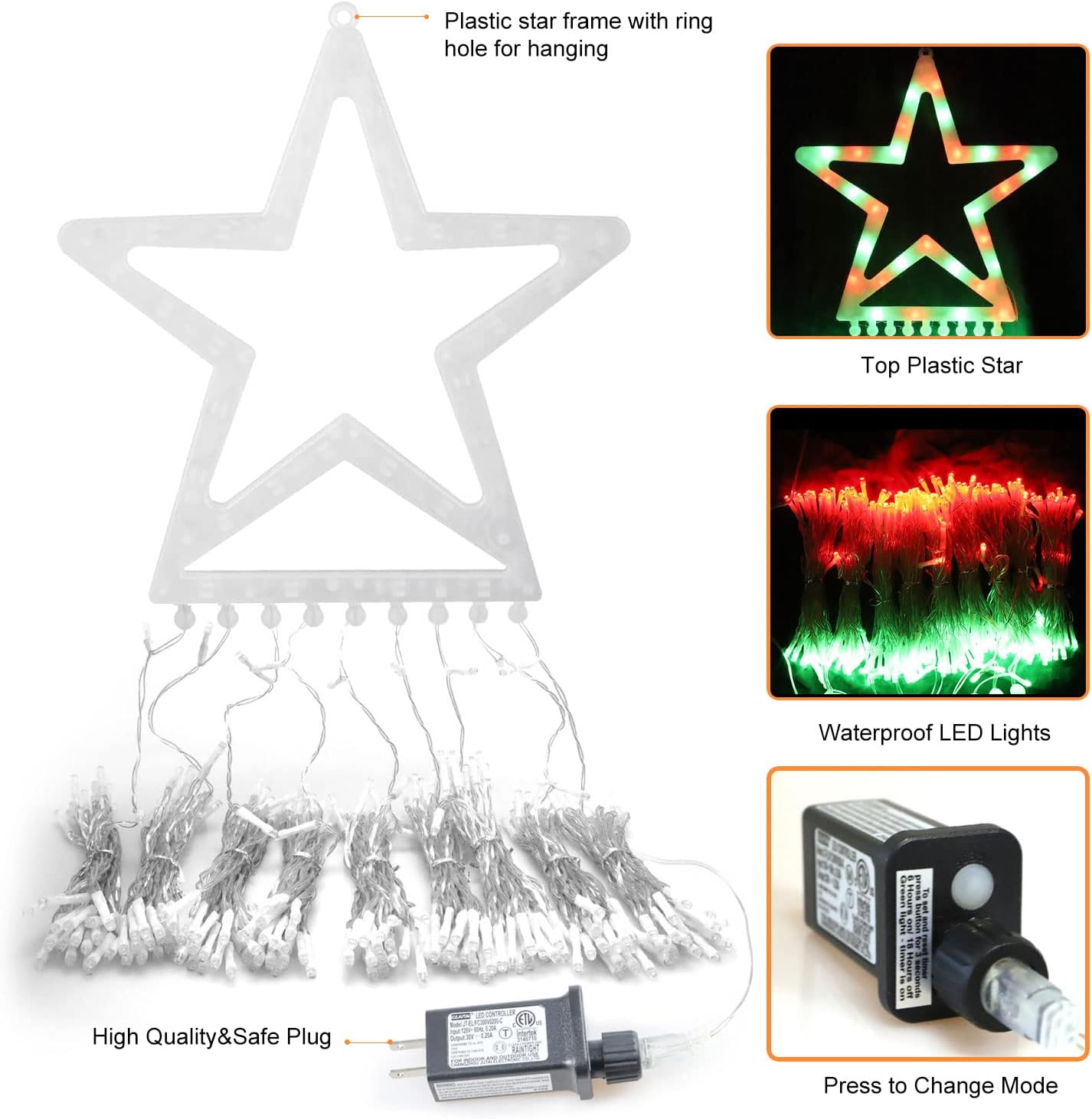 PUHONG Christmas Lights, Decorations Star Lights, 320 LED Christmas Tree Lights Outdoor, 16.4Ft String Lights, 8 Light Modes with 12 Lighted Star for Xmas New Year (Iron-Multicolor)