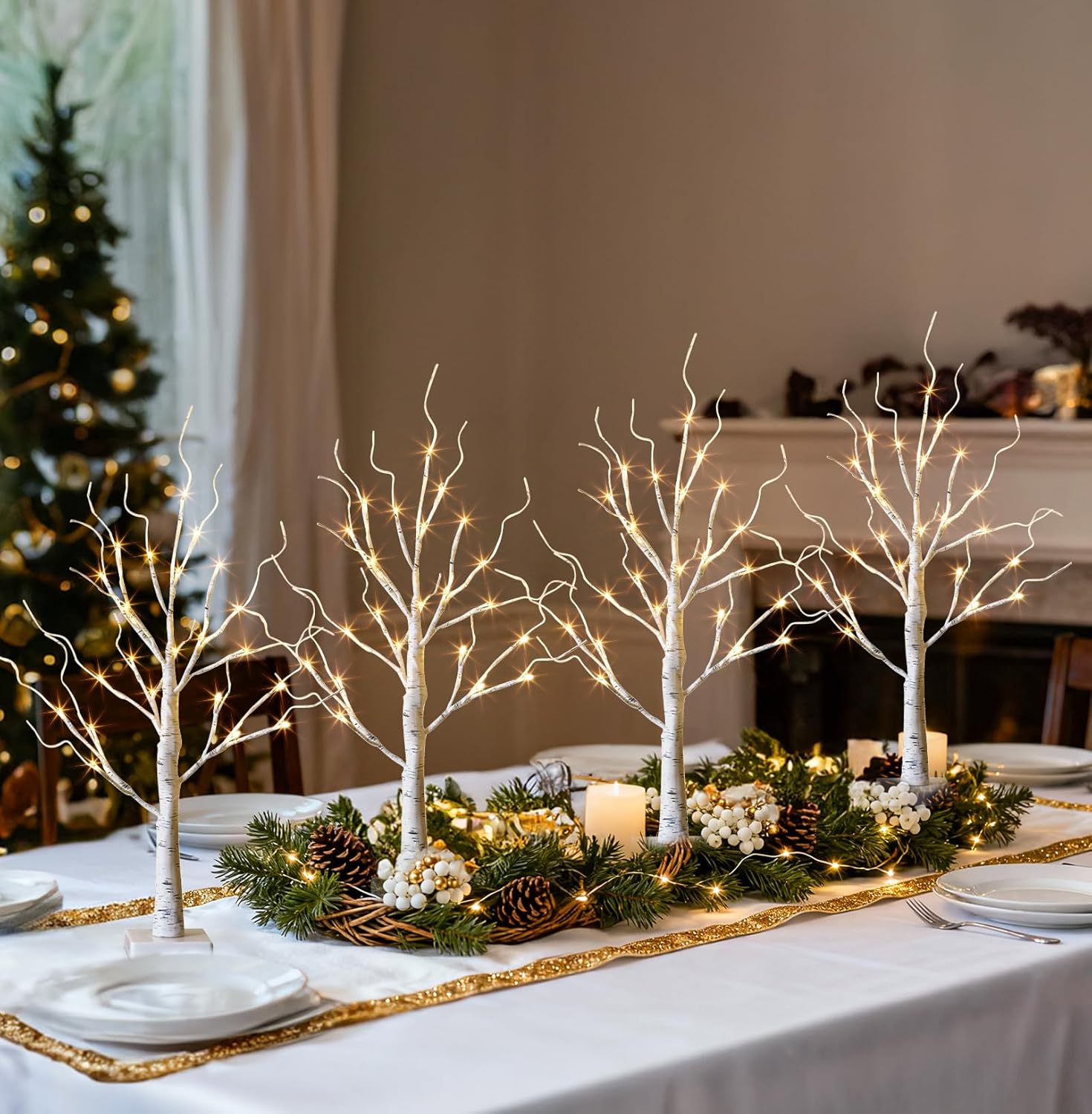 EAMBRITE Home Decorations Light Up White Birch Tree Indoor Christmas Decor, 4 Pack Battery Operated/USB Lighted Tabletop Money Tree Lamp Led Lights Xmas Wedding Centerpiece Table Room (2 Ft)