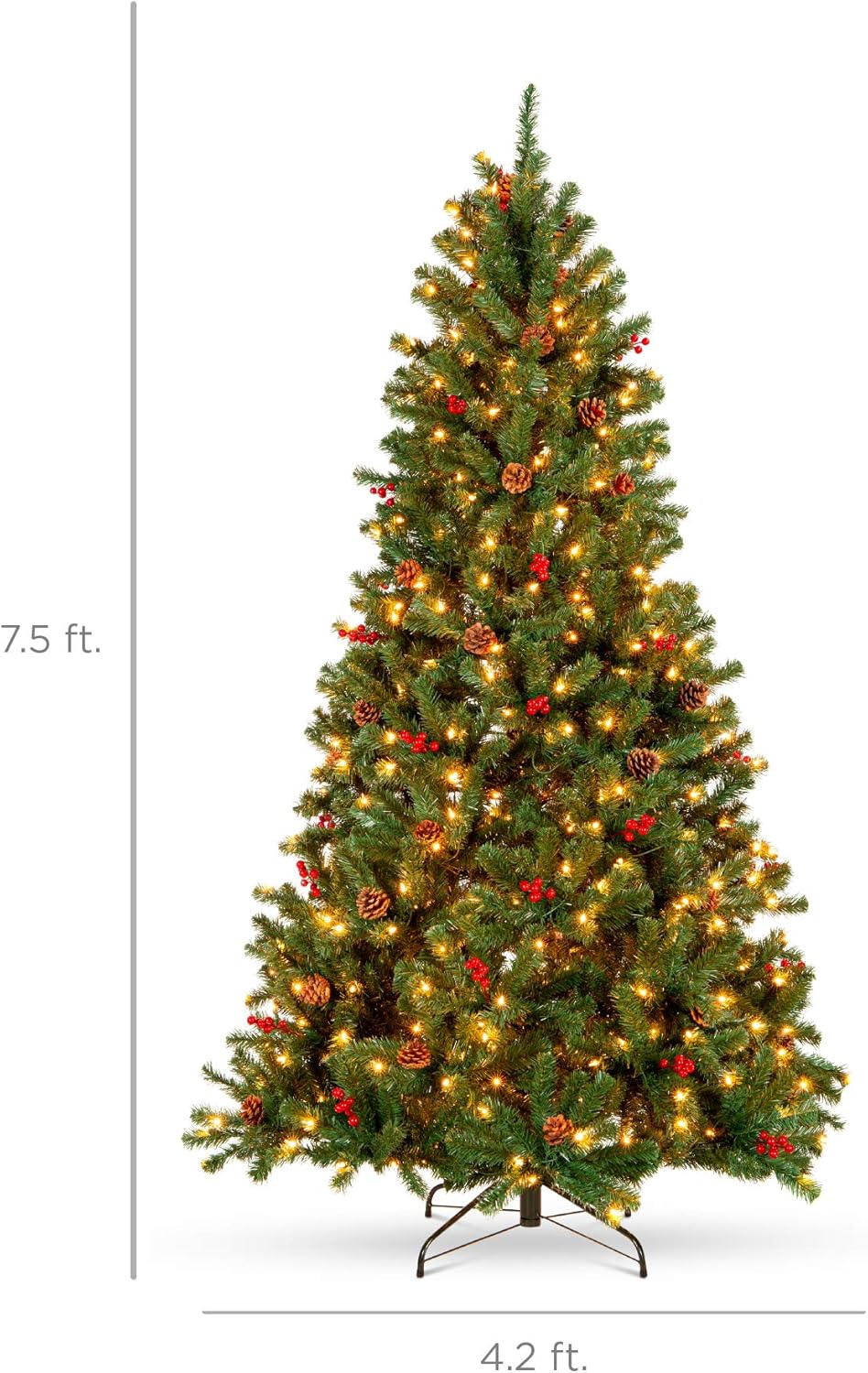 Best Choice Products 6ft Pre-Lit Pre-Decorated Spruce Hinged Artificial Christmas Tree w/ 798 Tips, Pinecones, Berries, 250 Lights, Metal Base