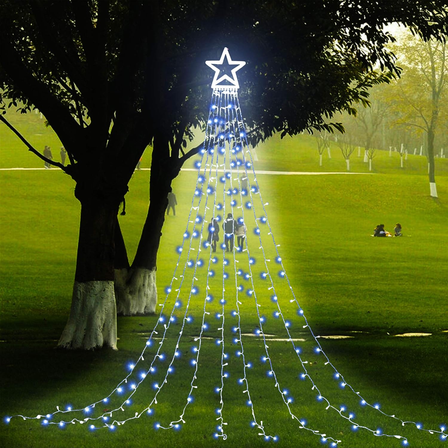 PUHONG Christmas Lights, Decorations Star Lights, 320 LED Christmas Tree Lights Outdoor, 16.4Ft String Lights, 8 Light Modes with 12 Lighted Star for Xmas New Year (Iron-Multicolor)