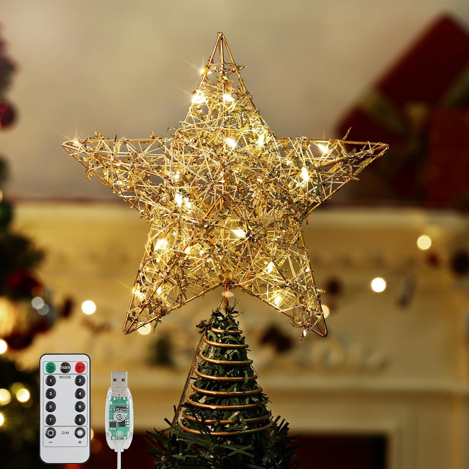 Roylvan Christmas Star Tree Topper with 8 Lighting Modes, USB Lighted Tree Topper with 20 LED Lights, Shiny Treetop Christmas Tree Decoration for Indoor Outdoor Holiday Home Ornament Gift, 9.8 Inch(H)