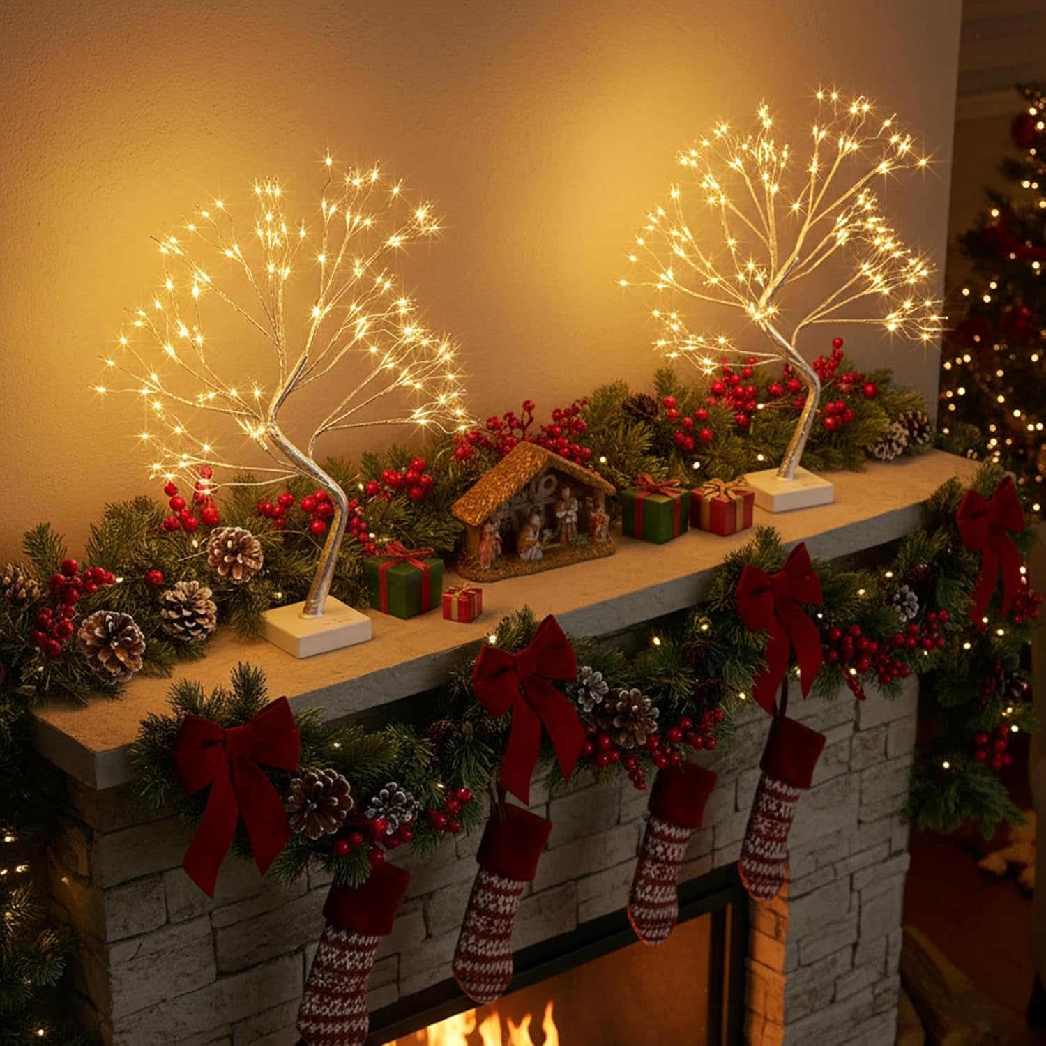 EAMBRITE Home Decorations Light Up White Birch Tree Indoor Christmas Decor, 4 Pack Battery Operated/USB Lighted Tabletop Money Tree Lamp Led Lights Xmas Wedding Centerpiece Table Room (2 Ft)