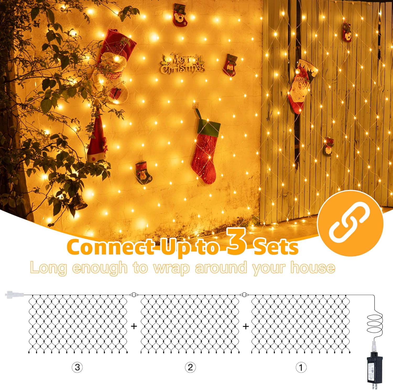 Ollny Net Lights Outdoor Mesh Light 10x7ft, 210LED Clear Wire Connectable Christmas Net Lights with 8 Modes, IP67 Waterproof Bush Light for Tree Wall Ceiling Outside Decorations, Warm White