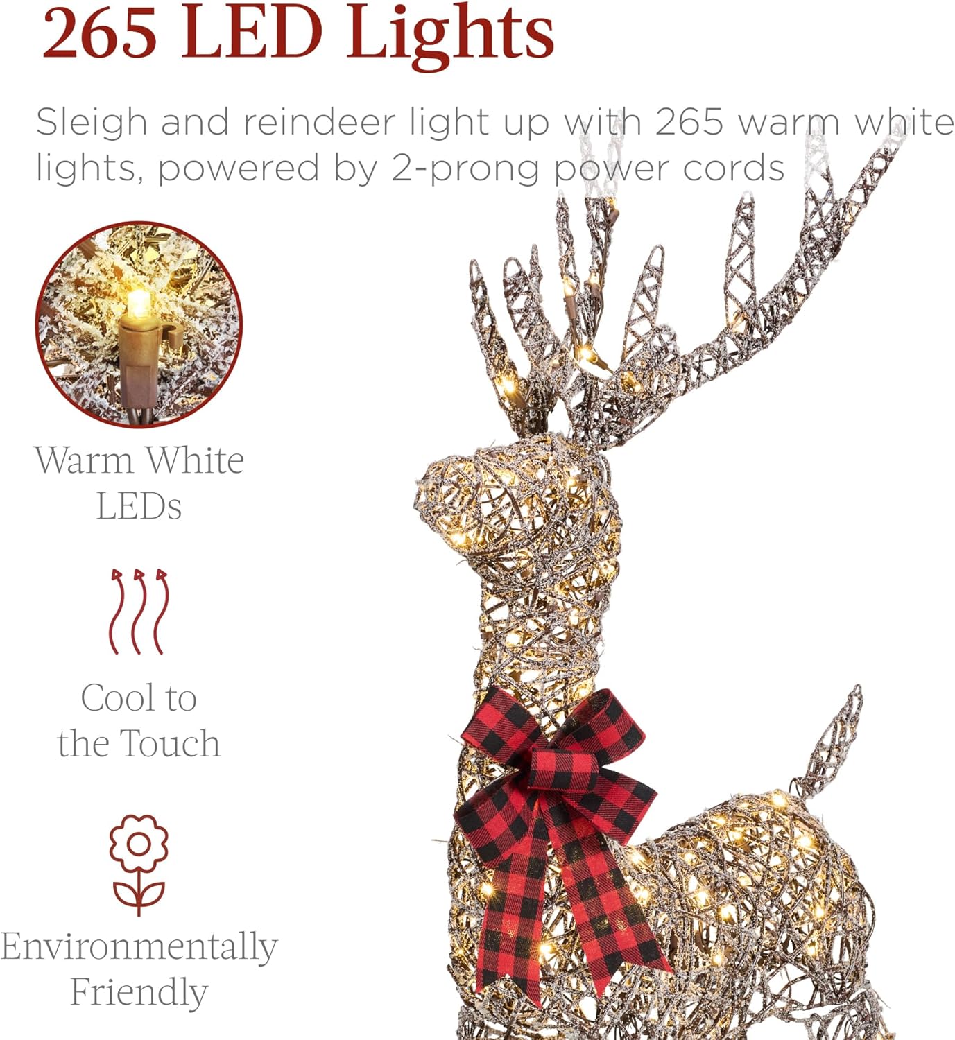 Best Choice Products Lighted Christmas 4ft Reindeer & Sleigh Holiday Outdoor Yard Decoration Set w/ 205 LED Lights, Stakes, Zip Ties - Gold