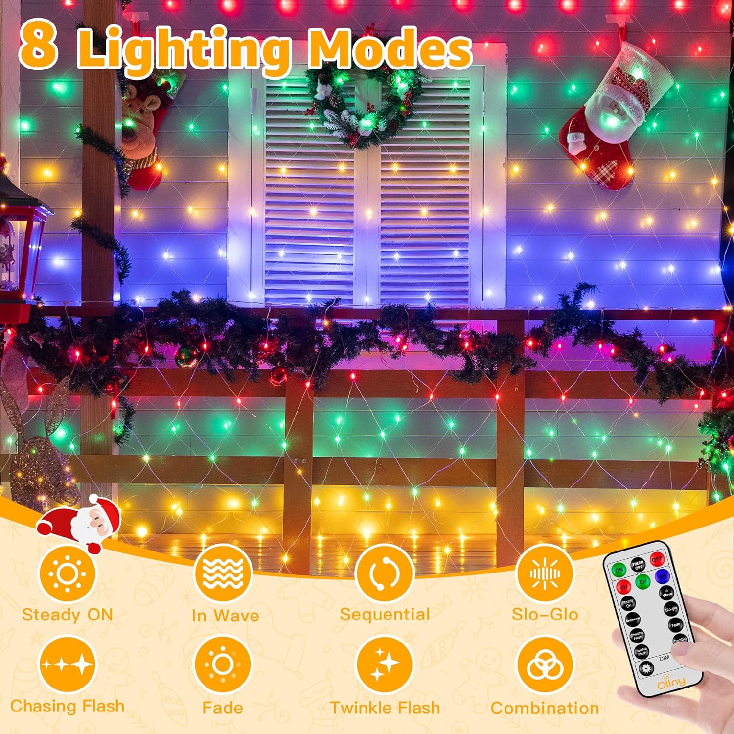 Ollny Net Lights Outdoor Mesh Light 10x7ft, 210LED Clear Wire Connectable Christmas Net Lights with 8 Modes, IP67 Waterproof Bush Light for Tree Wall Ceiling Outside Decorations, Warm White