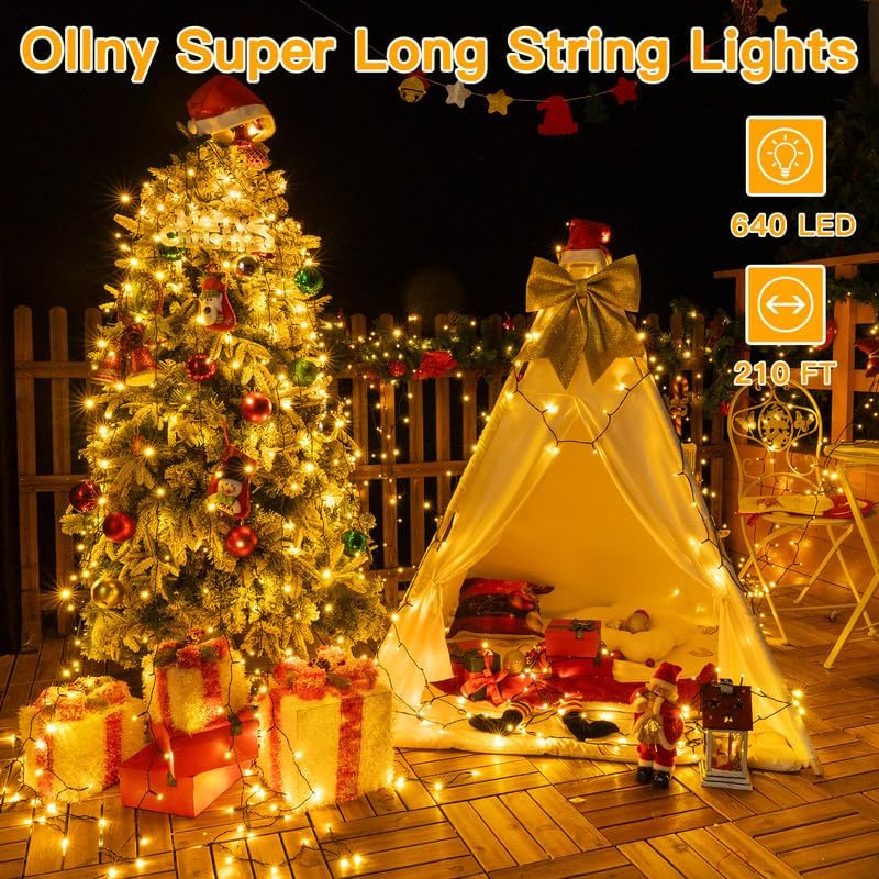 Ollny Christmas Lights, 210FT 640LED Christmas Tree Lights with 11 Modes Remote Control IP44 Waterproof Warm White to Multicolored Outdoor Christmas Lights for Outside Indoor Patio Xmas Decorations