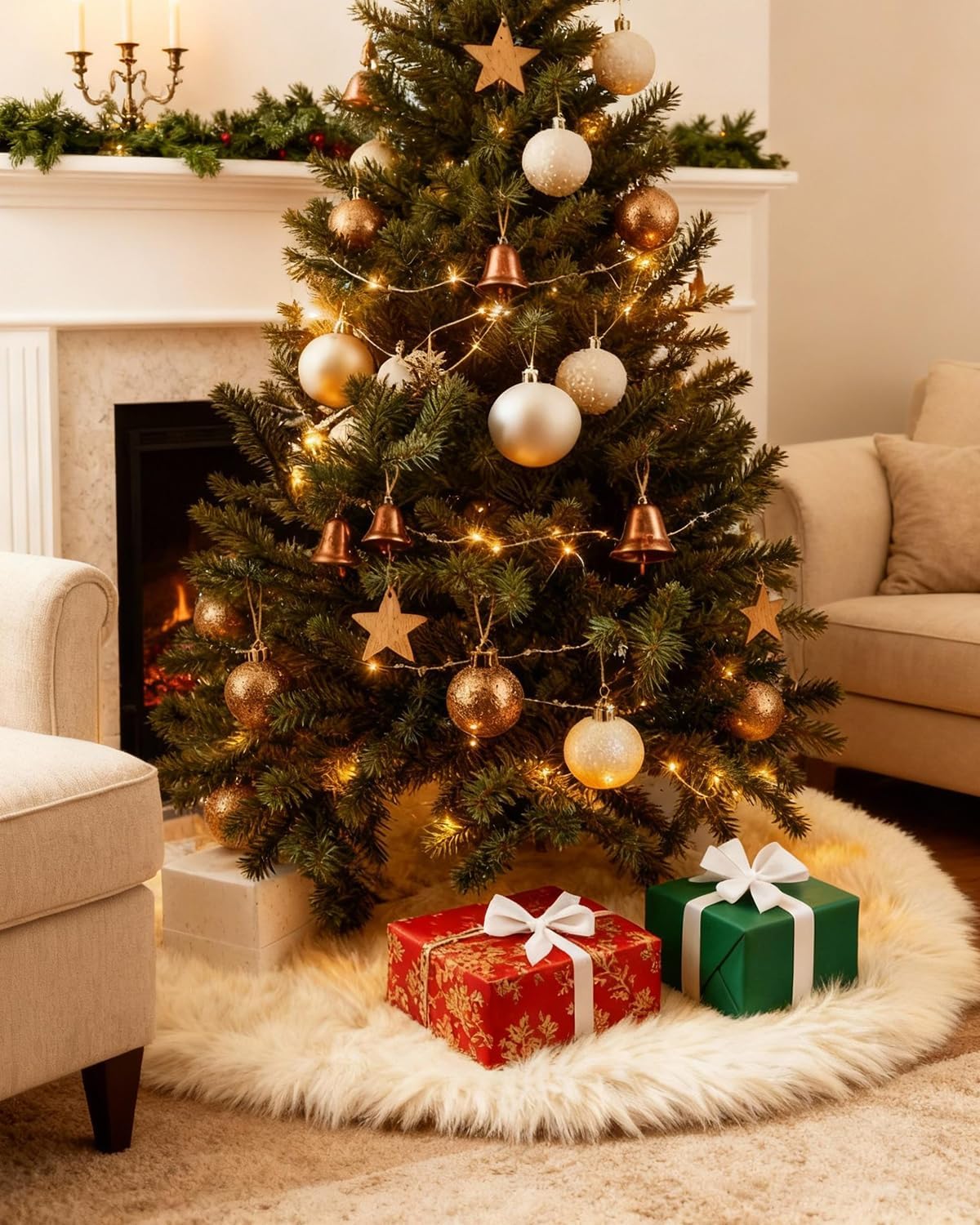 48 Inches Faux Fur Christmas Tree Skirt for Xmas Tree Holiday Party Decorations White Plush Silver Sequin Snowflake (Silver)