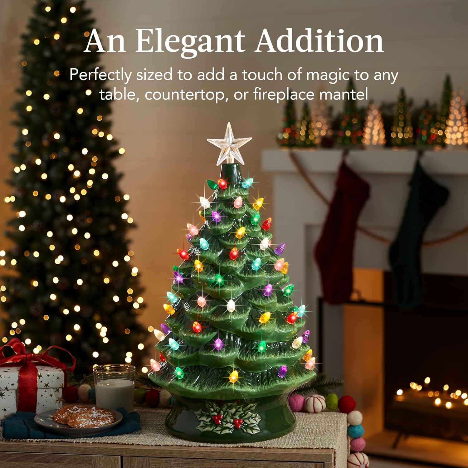 Best Choice Products 18in Large Ceramic Christmas Tree, Pre-lit Hand-Painted Tabletop Holiday Decoration w/Power Cord, 2 Star, 93 Multicolored Bulbs, LED Lights - Green