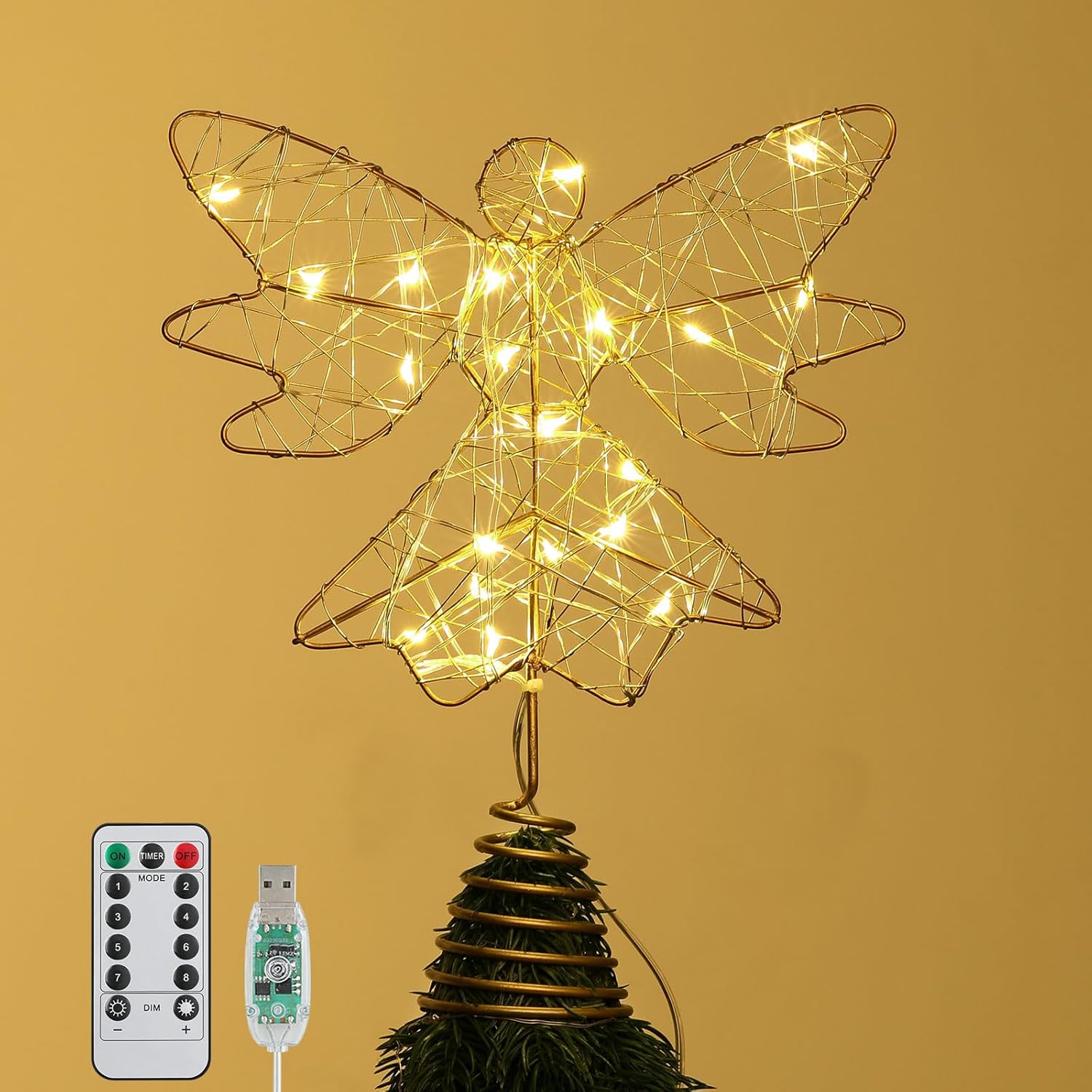 Roylvan Christmas Star Tree Topper with 8 Lighting Modes, USB Lighted Tree Topper with 20 LED Lights, Shiny Treetop Christmas Tree Decoration for Indoor Outdoor Holiday Home Ornament Gift, 9.8 Inch(H)