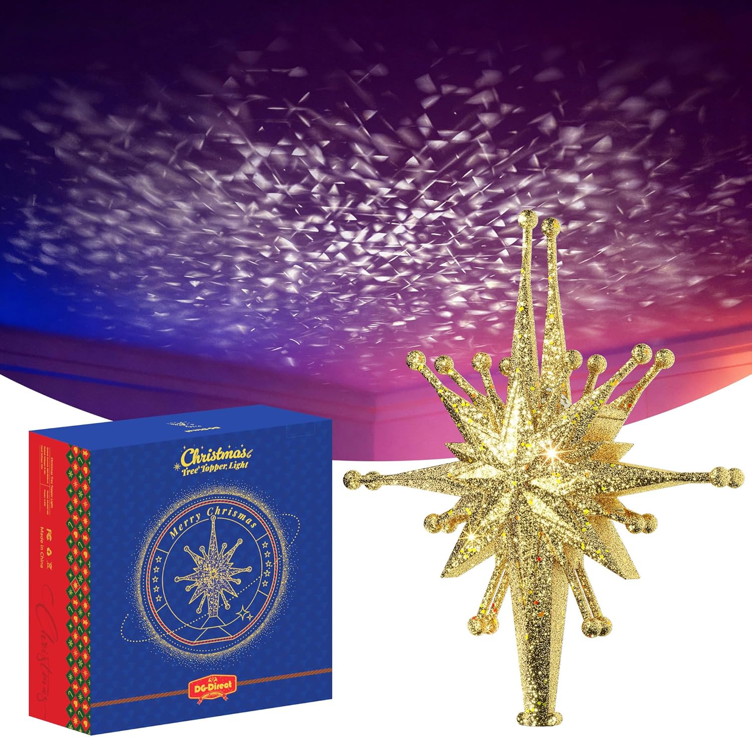 DG-Direct Christmas Tree Topper Lighted with Golden Snowflake Projector, Led Rotating Magic Snowflake, 3D Hollow Glitter Lighted Gold Snow Tree Topper for Christmas Tree Decorations