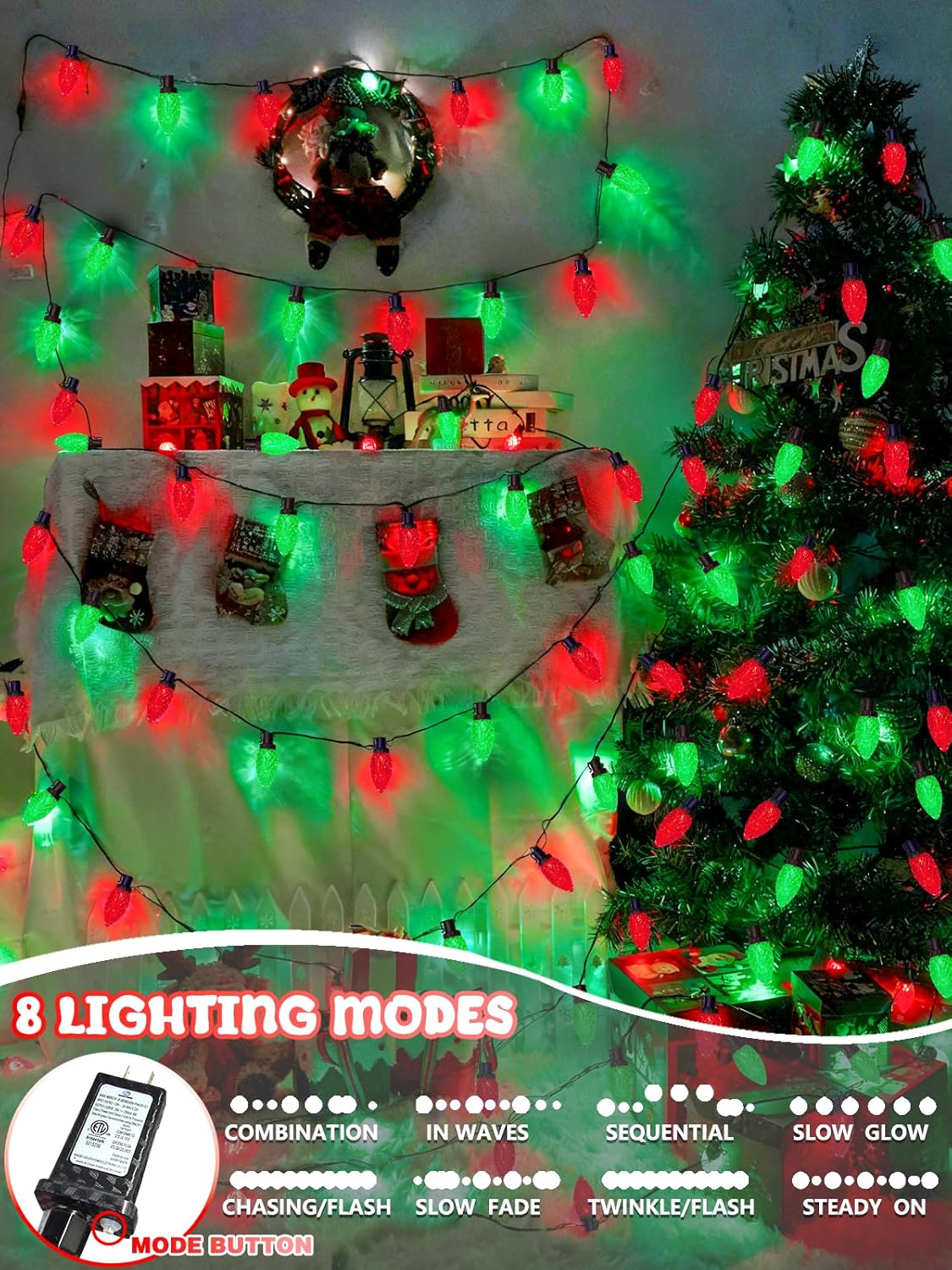 2-Pack Extentable C9 Christmas Lights Outdoor Indoor, 66 FT 100 LED Christmas String Lights Plug in with 8 Modes & Timer, Waterproof Fairy Twinkle Light for Xmas Tree Yard Decorations (Multi-Colored)