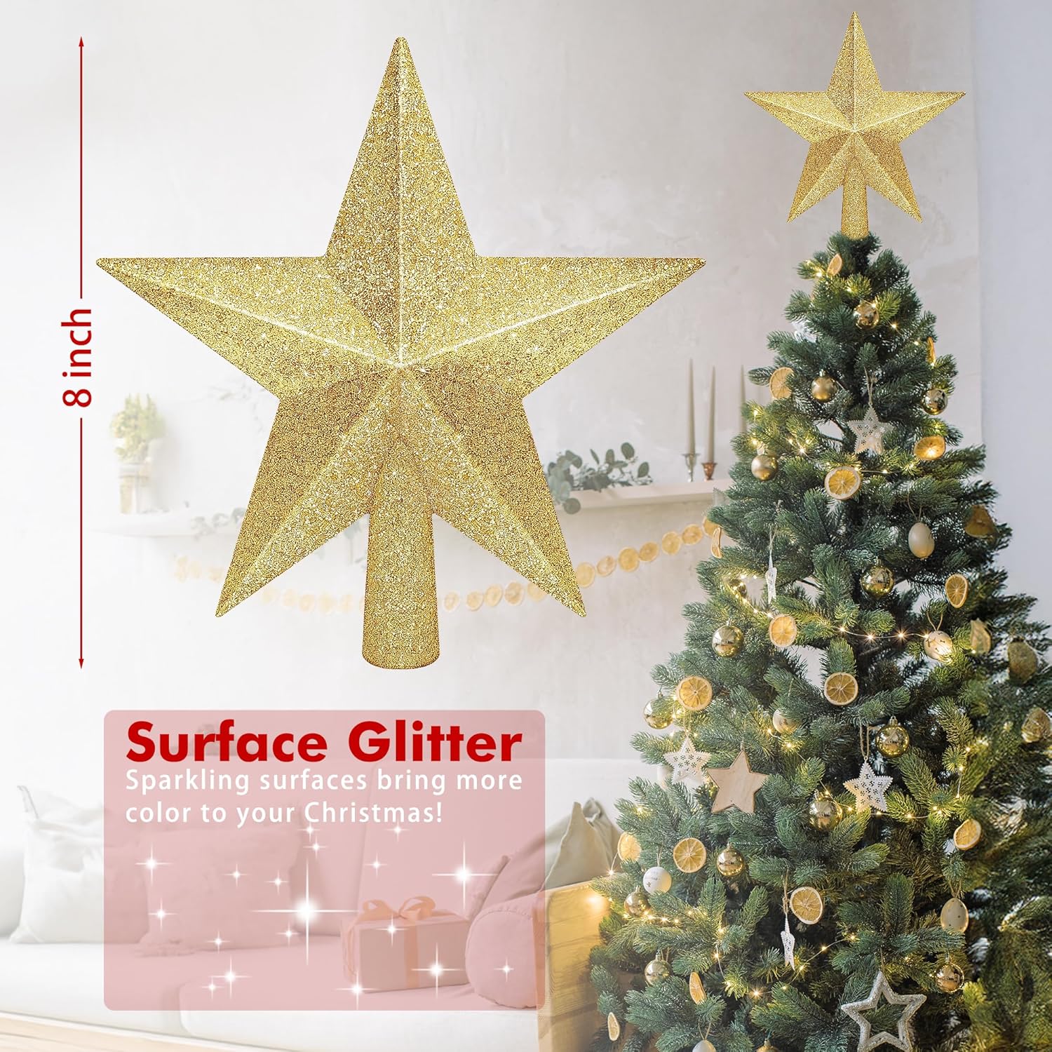 Christmas Tree Star Topper, 8 Gold Xmas Star Tree Decorations, 3D Shatterproof Bethlehem Star Tree Topper Decorations, Waterproof Christmas Tree Topper Decor for Holiday Home Outdoor Ornament