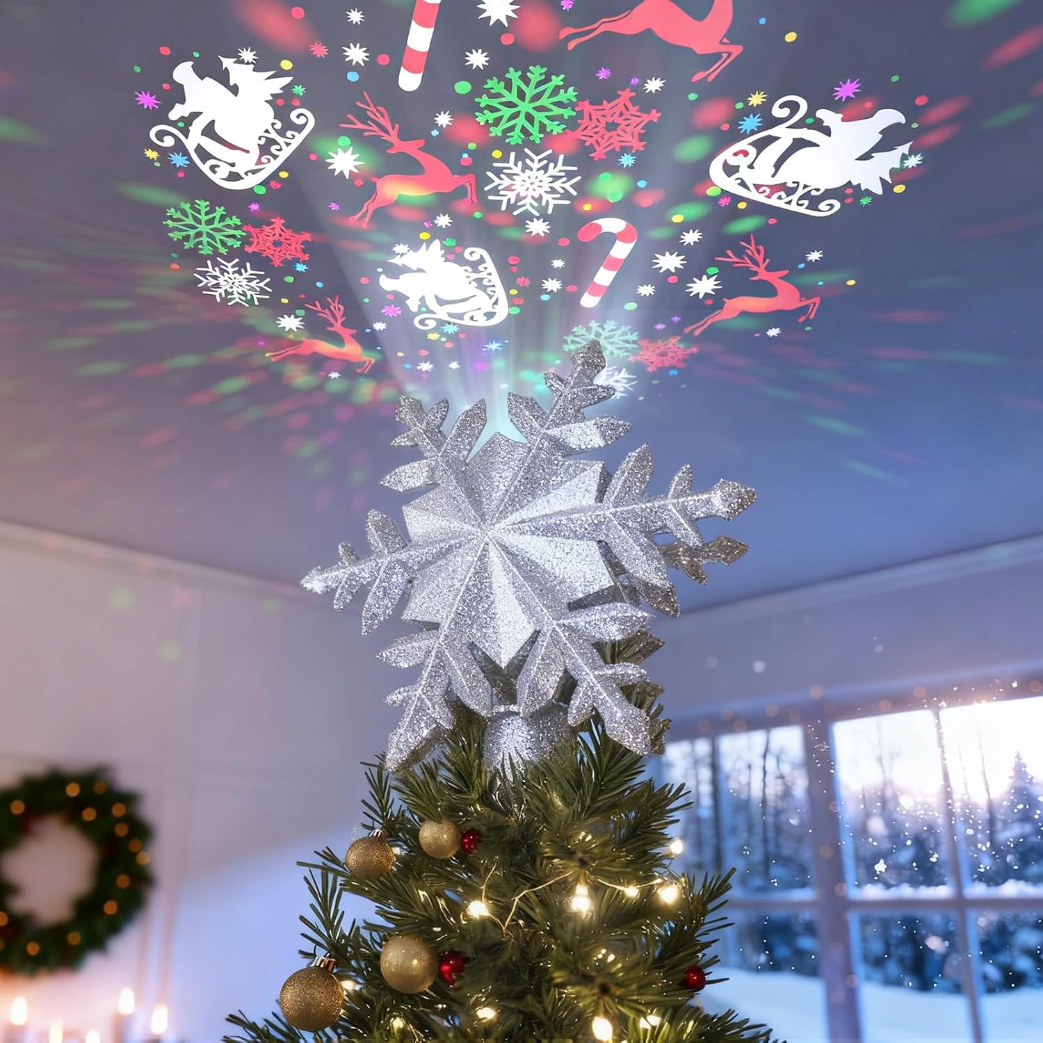 DG-Direct Christmas Tree Topper Lighted with Golden Snowflake Projector, Led Rotating Magic Snowflake, 3D Hollow Glitter Lighted Gold Snow Tree Topper for Christmas Tree Decorations