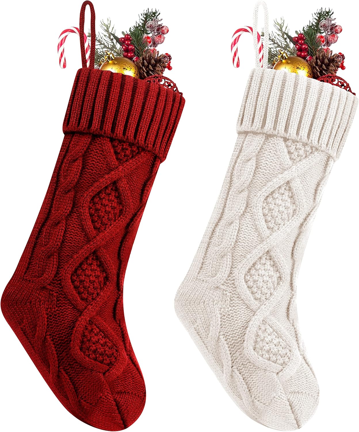Fesciory 4 Pack Christmas Stockings 18 Inches Large Size Cable Knitted Stocking Gifts & Decorations for Family Holiday Xmas Party, Ivory White
