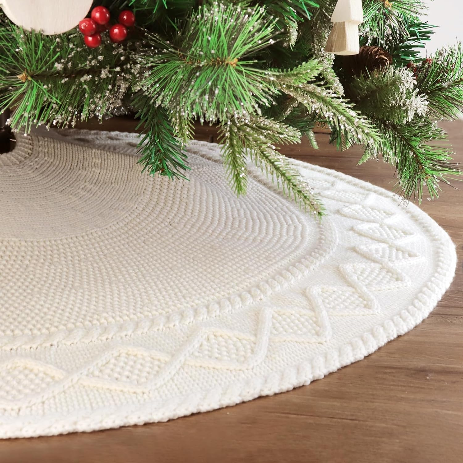 48 Inch Christmas Tree Skirt: Braided Cable Knit Tree Skirt for 7.5FT Tree, Cream White Tree Skirt, Vintage Tree Skirts, Rustic Farmhouse Christmas Decorations