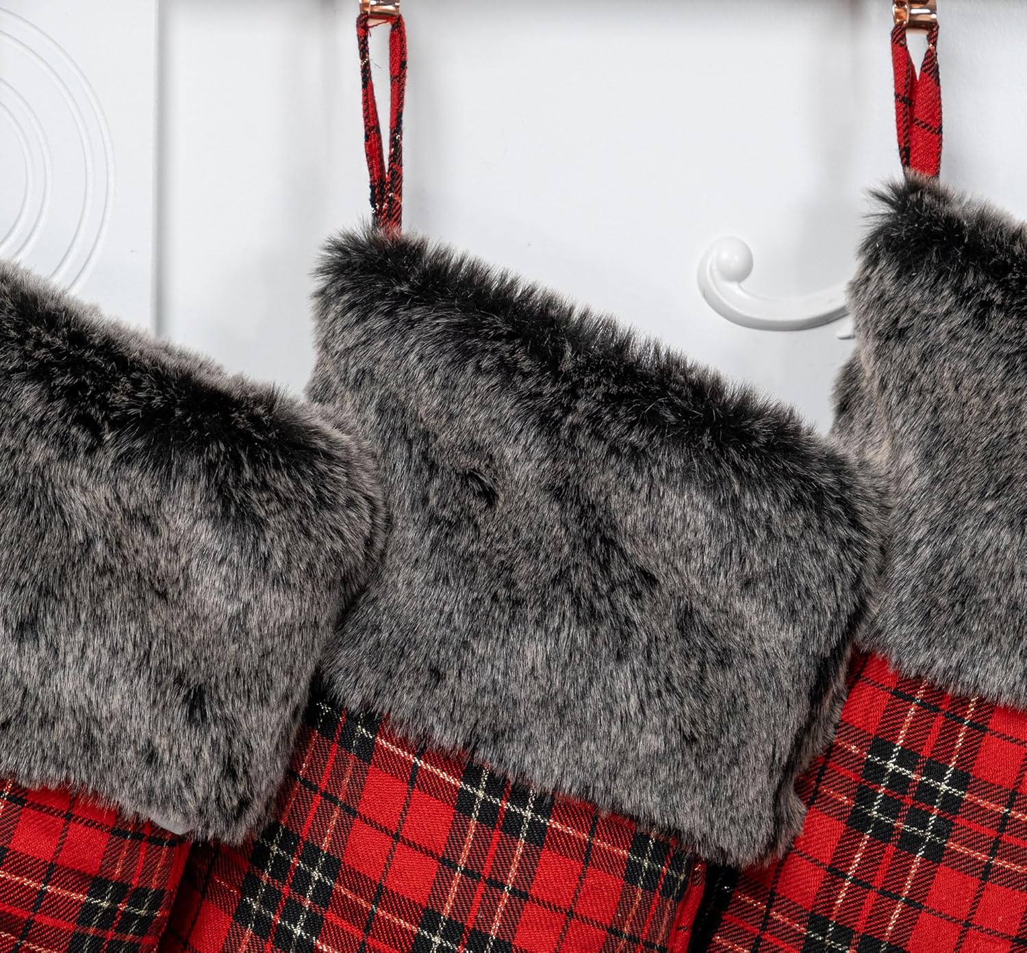 LUBOT Set of 8 Christmas Stocking(20inch) Silhouette Buffalo Red Plaid/Rustic/Farmhouse/Country Cotton Fireplace Hanging Xmas Stockings Decorations for Family Holiday Season Decor