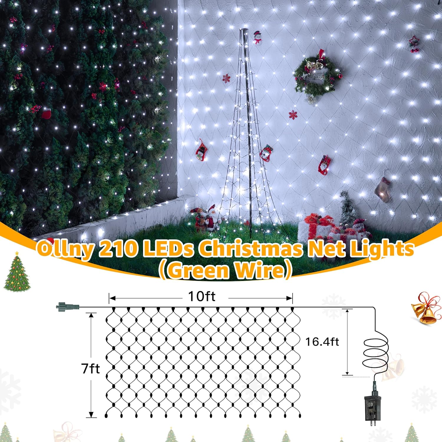 Ollny Net Lights Outdoor Mesh Light 10x7ft, 210LED Clear Wire Connectable Christmas Net Lights with 8 Modes, IP67 Waterproof Bush Light for Tree Wall Ceiling Outside Decorations, Warm White