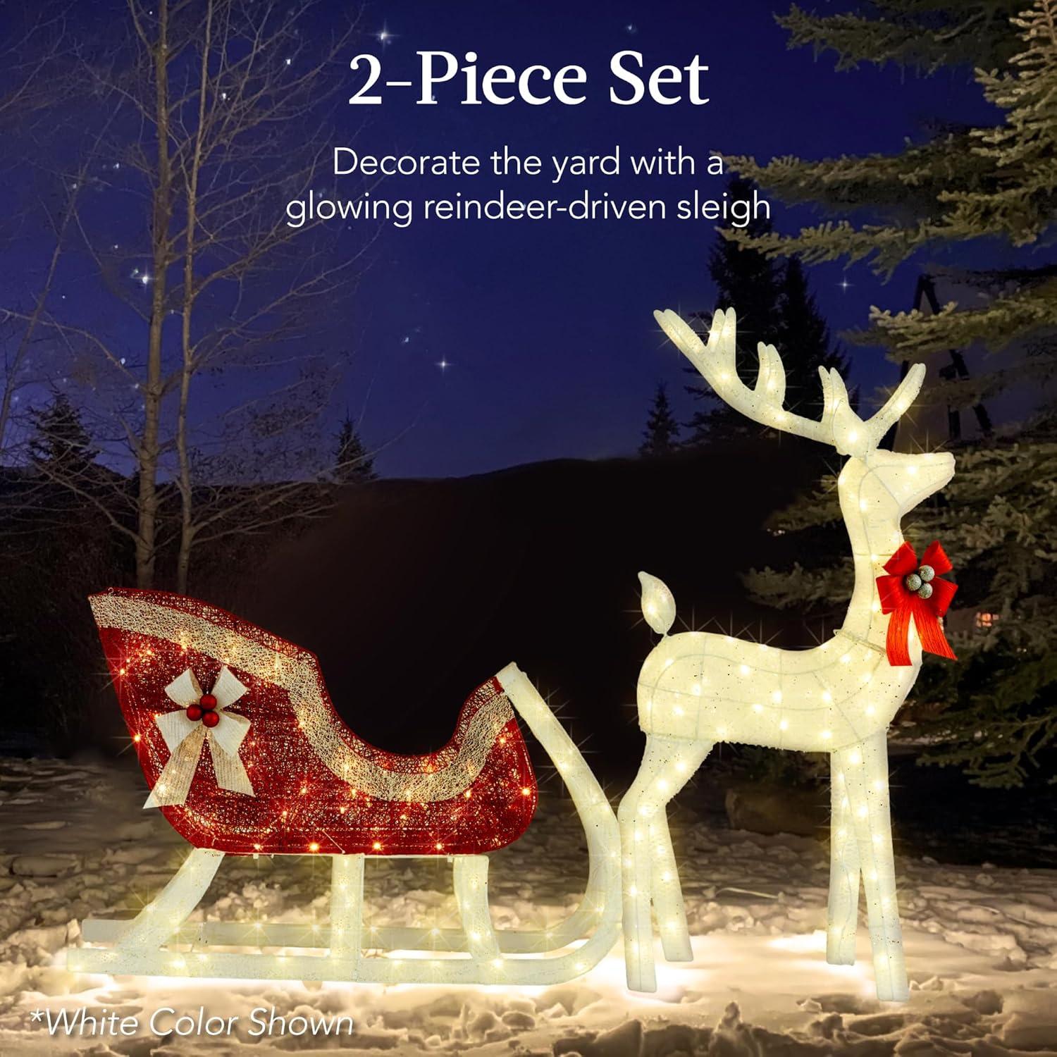 Best Choice Products Lighted Christmas 4ft Reindeer & Sleigh Holiday Outdoor Yard Decoration Set w/ 205 LED Lights, Stakes, Zip Ties - Gold