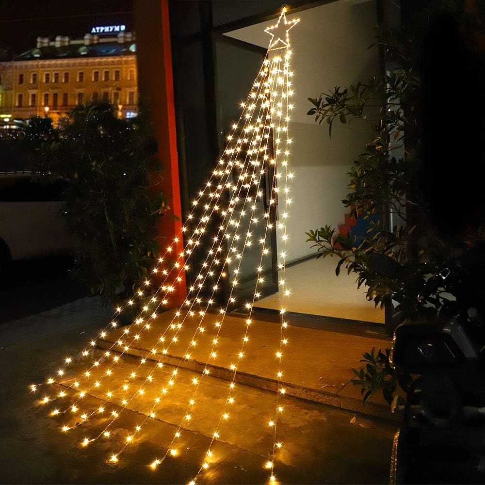 PUHONG Christmas Lights, Decorations Star Lights, 320 LED Christmas Tree Lights Outdoor, 16.4Ft String Lights, 8 Light Modes with 12 Lighted Star for Xmas New Year (Iron-Multicolor)