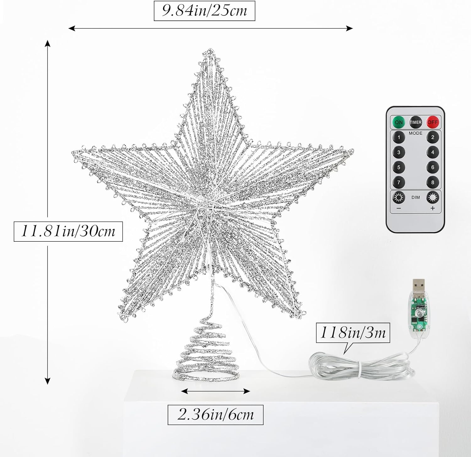 Roylvan Christmas Star Tree Topper with 8 Lighting Modes, USB Lighted Tree Topper with 20 LED Lights, Shiny Treetop Christmas Tree Decoration for Indoor Outdoor Holiday Home Ornament Gift, 9.8 Inch(H)