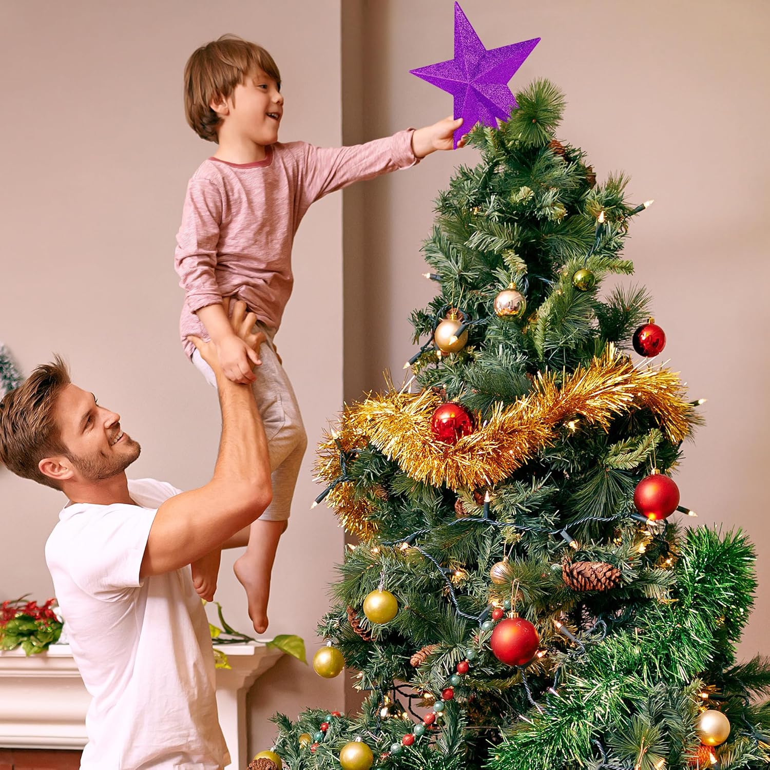 Christmas Tree Star Topper, 8 Gold Xmas Star Tree Decorations, 3D Shatterproof Bethlehem Star Tree Topper Decorations, Waterproof Christmas Tree Topper Decor for Holiday Home Outdoor Ornament