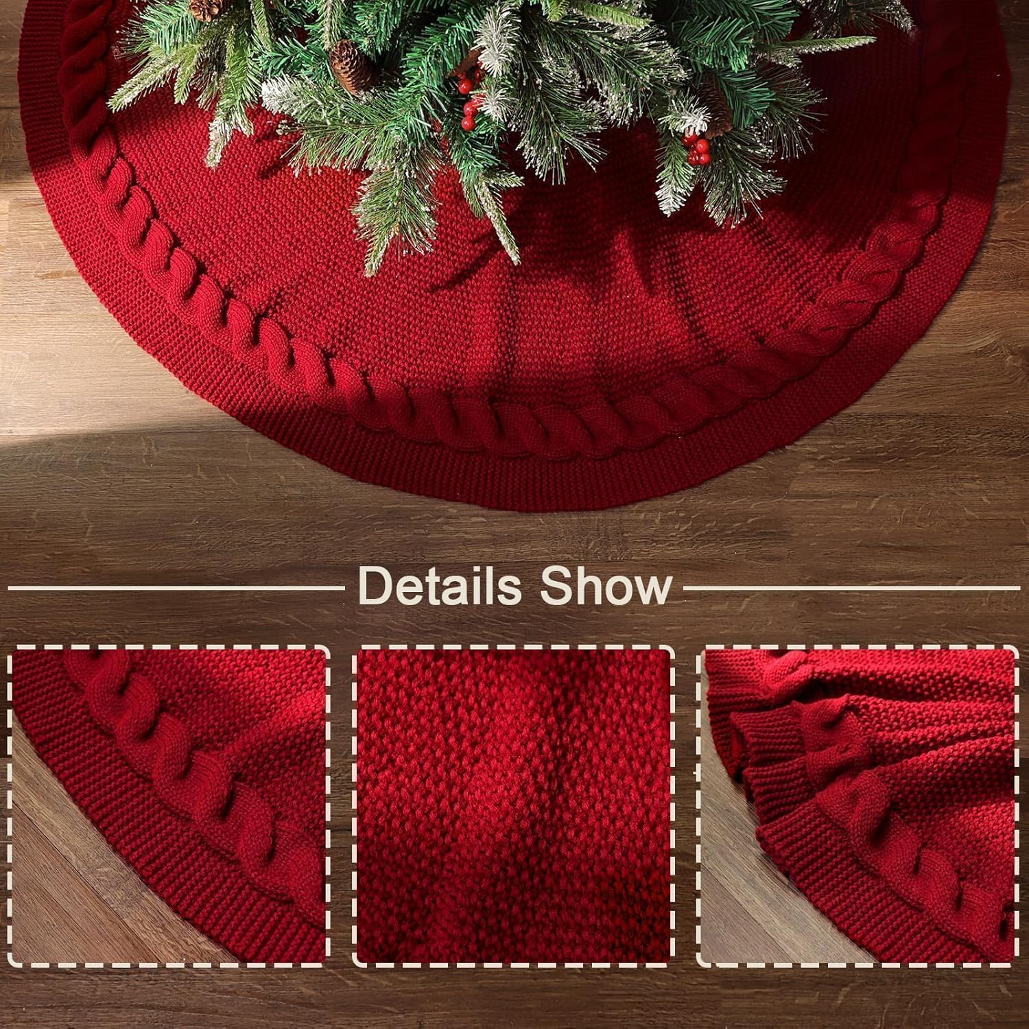 48 Inch Christmas Tree Skirt: Cable Knit Tree Skirt for 7.5FT Tree, Wine Red Tree Skirt, Vintage Tree Skirts, Rustic Farmhouse Christmas Decorations