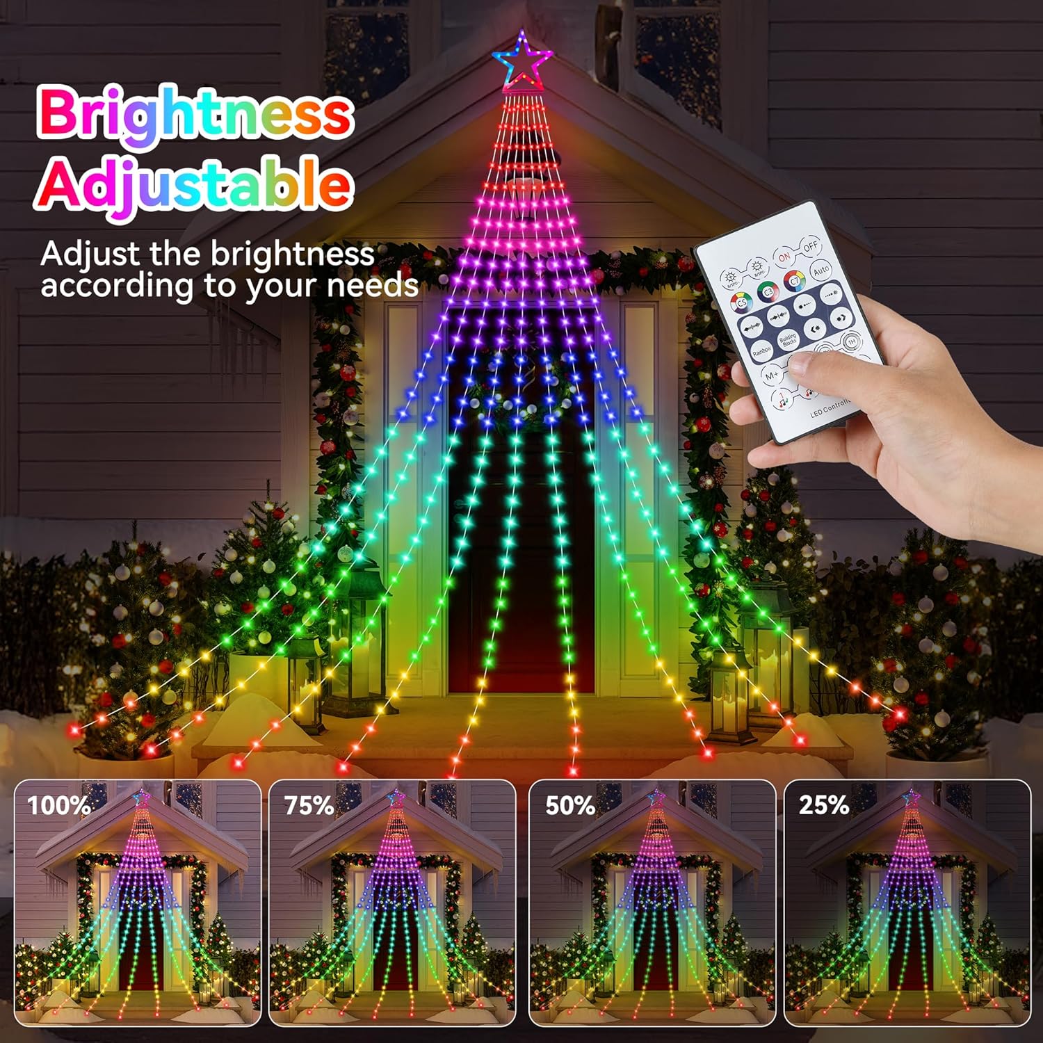 PUHONG Christmas Lights, Decorations Star Lights, 320 LED Christmas Tree Lights Outdoor, 16.4Ft String Lights, 8 Light Modes with 12 Lighted Star for Xmas New Year (Iron-Multicolor)