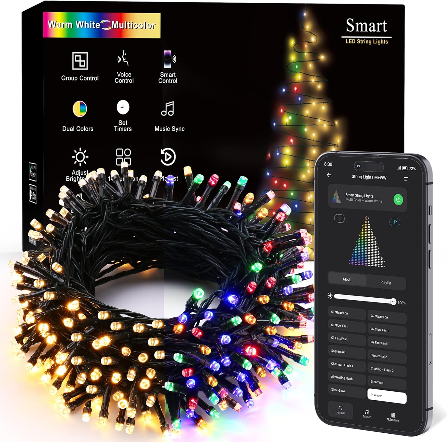Brizled Color Changing Christmas Lights, 65.67ft 200 LED Cool White & Multicolor Christmas Lights, 11 Modes Remote Dimmable 29V Safe Adapter Outdoor Christmas Tree Lights String for Xmas Party Tree