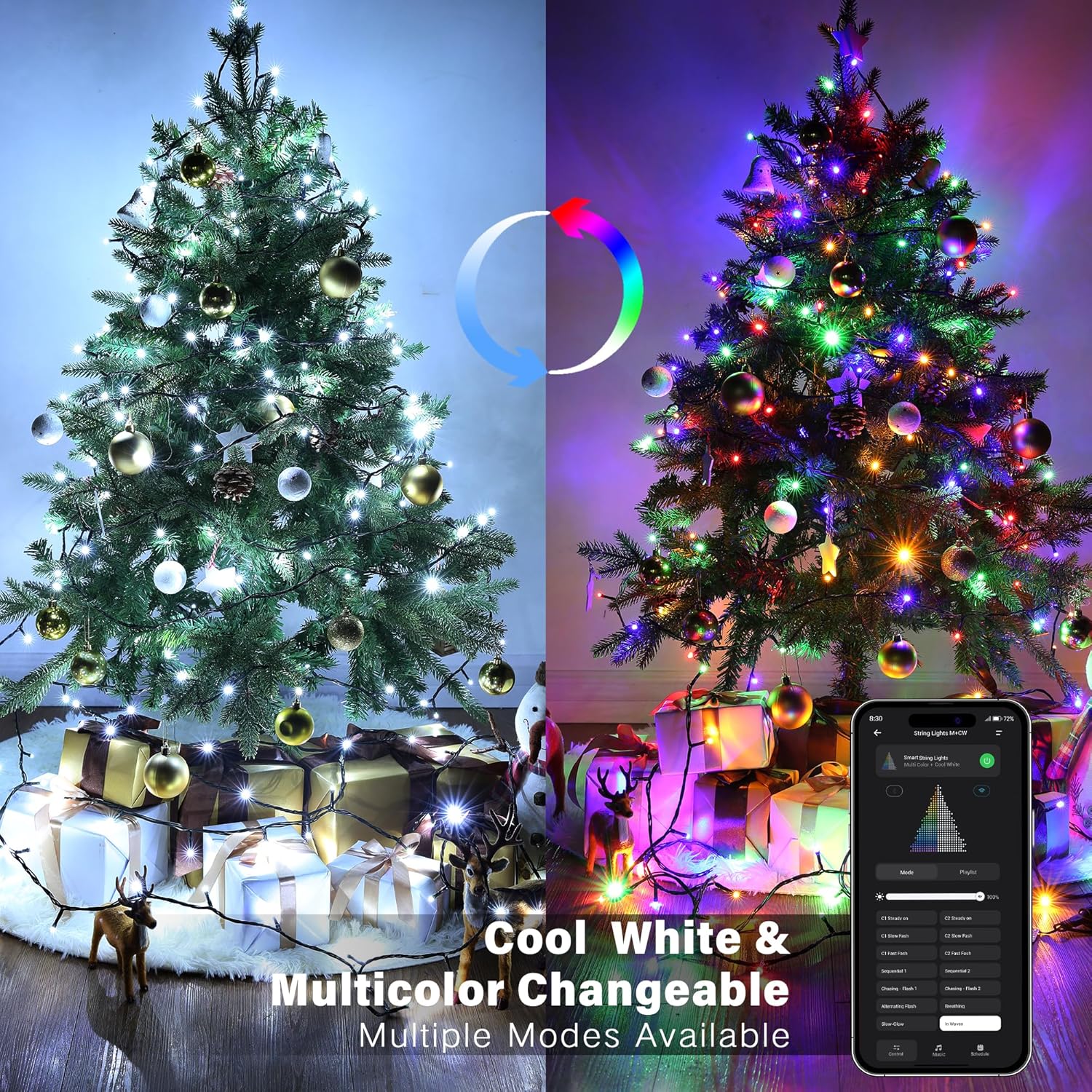Brizled Color Changing Christmas Lights, 65.67ft 200 LED Cool White & Multicolor Christmas Lights, 11 Modes Remote Dimmable 29V Safe Adapter Outdoor Christmas Tree Lights String for Xmas Party Tree