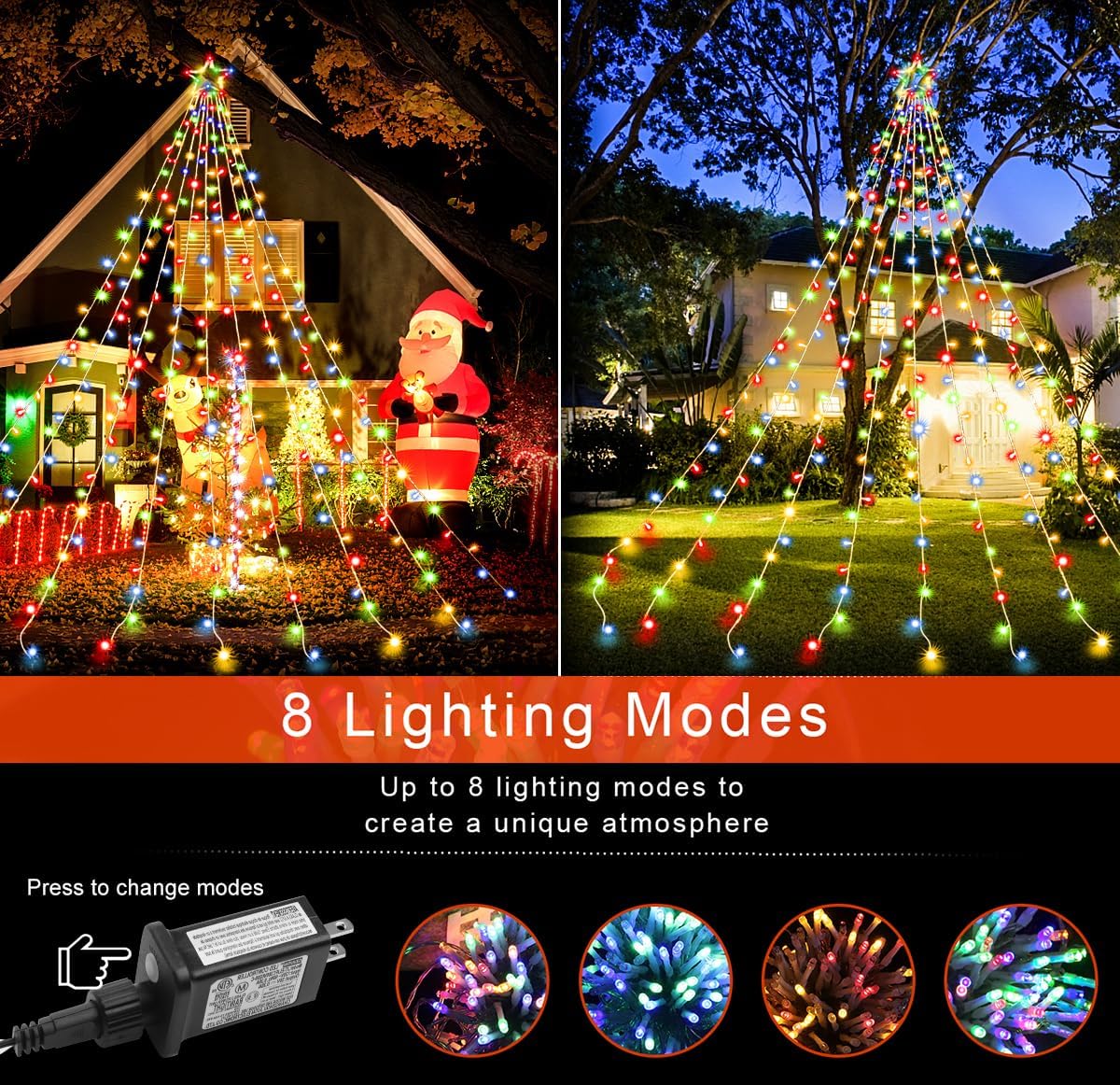 PUHONG Christmas Lights, Decorations Star Lights, 320 LED Christmas Tree Lights Outdoor, 16.4Ft String Lights, 8 Light Modes with 12 Lighted Star for Xmas New Year (Iron-Multicolor)