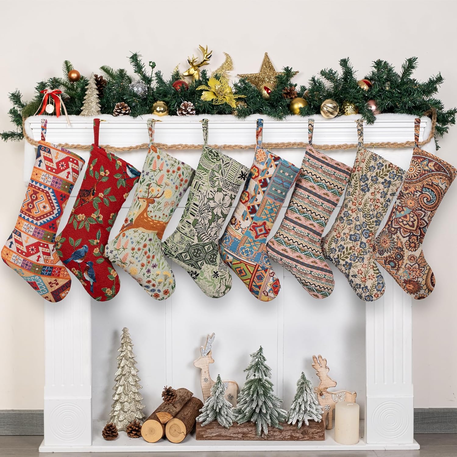 LUBOT Set of 8 Christmas Stocking(20inch) Silhouette Buffalo Red Plaid/Rustic/Farmhouse/Country Cotton Fireplace Hanging Xmas Stockings Decorations for Family Holiday Season Decor