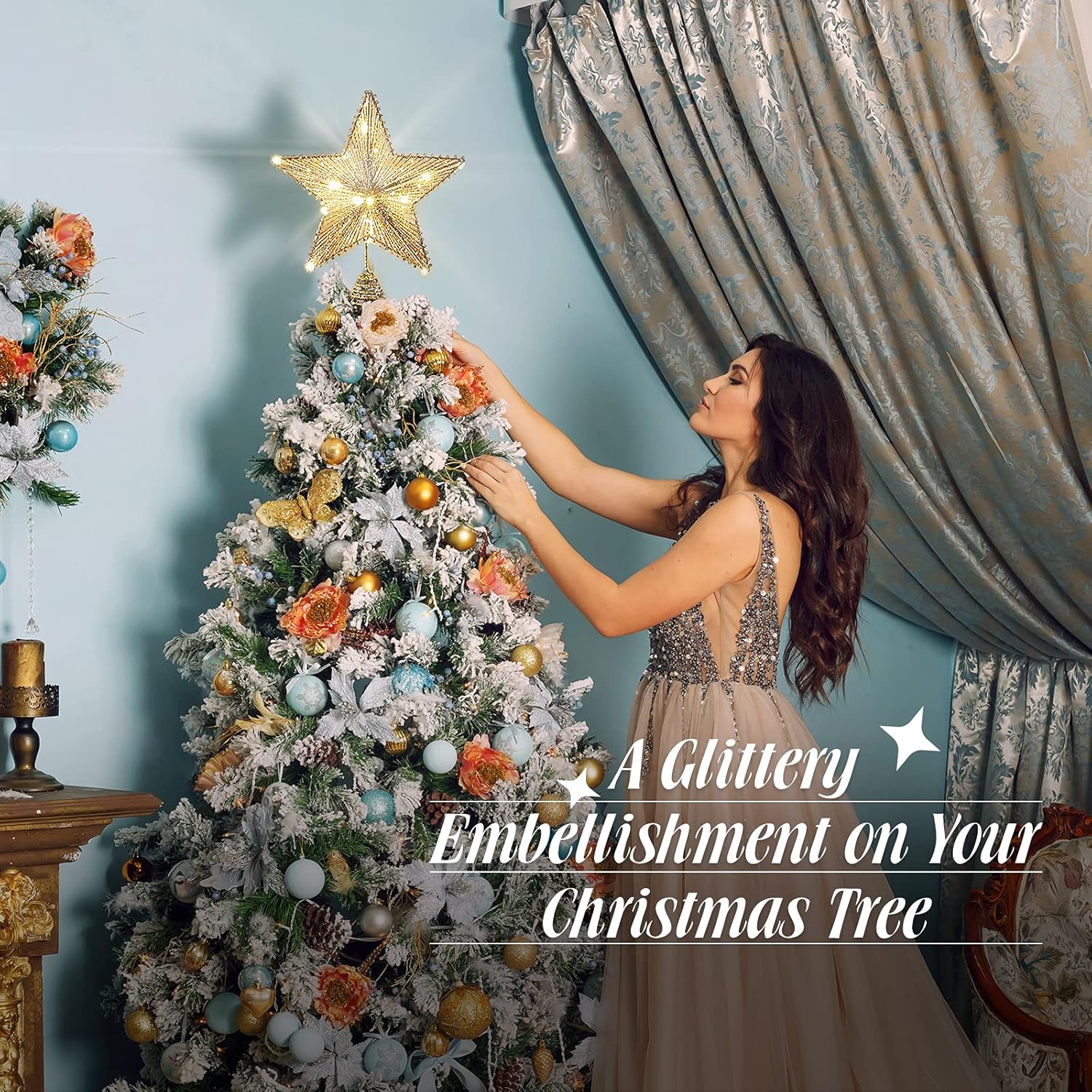 Roylvan Christmas Star Tree Topper with 8 Lighting Modes, USB Lighted Tree Topper with 20 LED Lights, Shiny Treetop Christmas Tree Decoration for Indoor Outdoor Holiday Home Ornament Gift, 9.8 Inch(H)