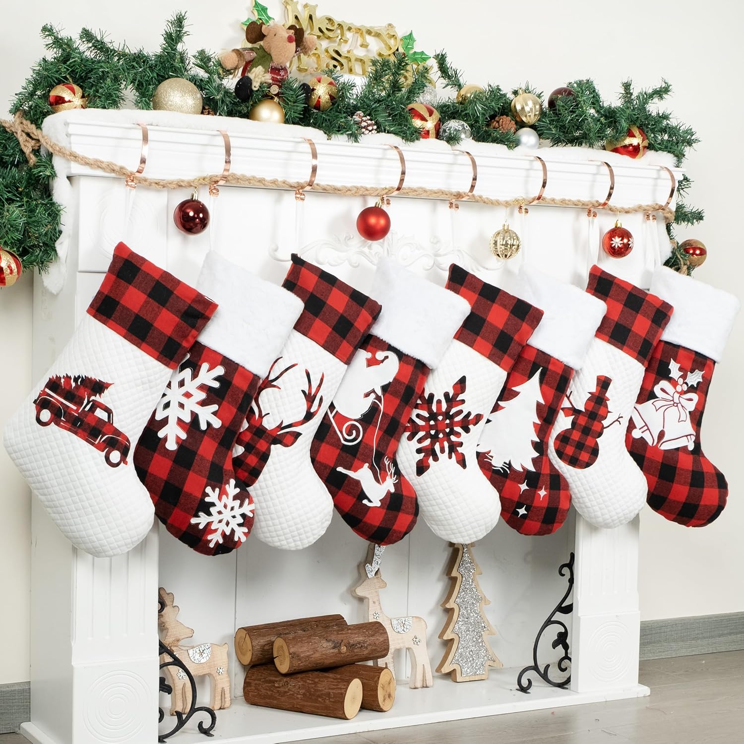 LUBOT Set of 8 Christmas Stocking(20inch) Silhouette Buffalo Red Plaid/Rustic/Farmhouse/Country Cotton Fireplace Hanging Xmas Stockings Decorations for Family Holiday Season Decor