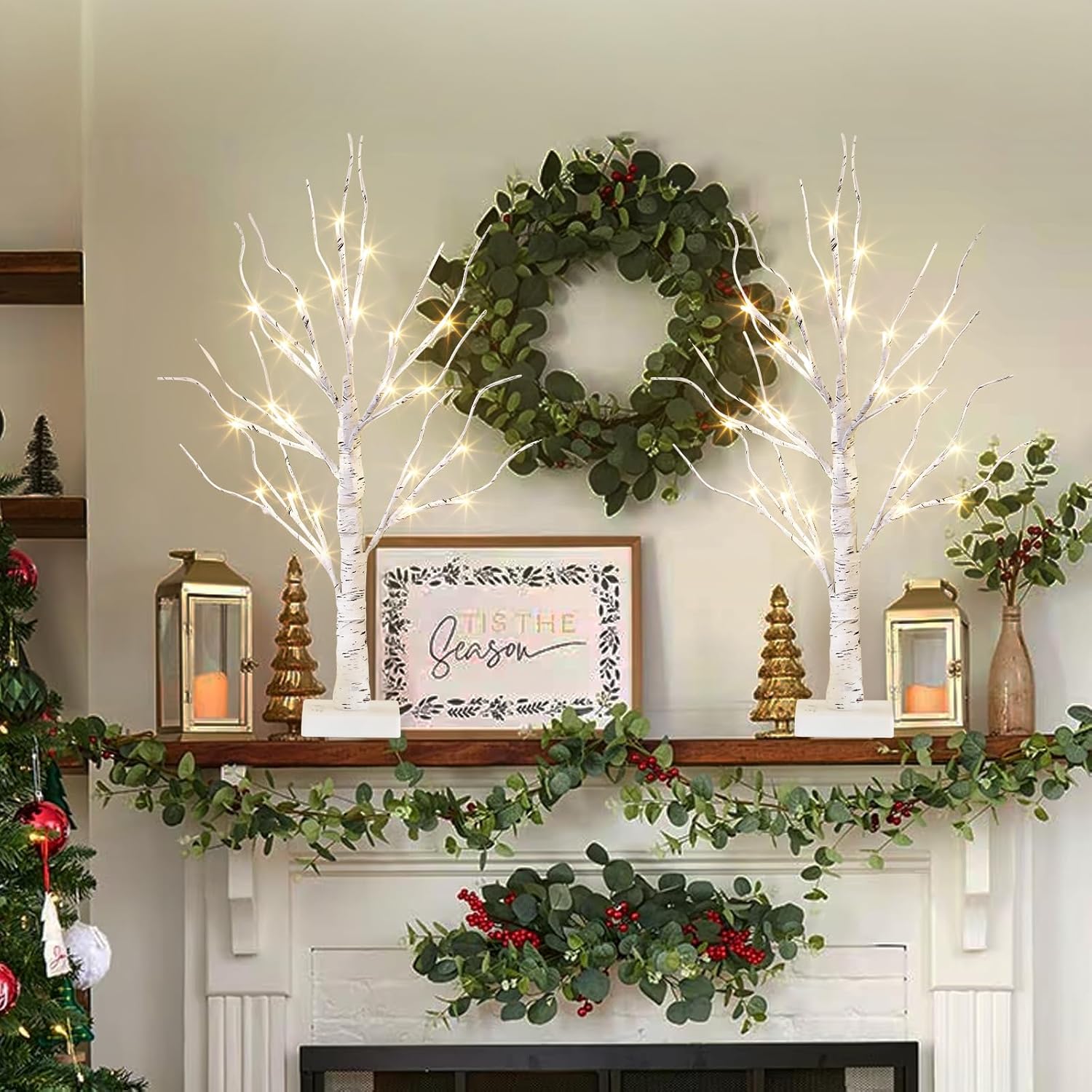 EAMBRITE Home Decorations Light Up White Birch Tree Indoor Christmas Decor, 4 Pack Battery Operated/USB Lighted Tabletop Money Tree Lamp Led Lights Xmas Wedding Centerpiece Table Room (2 Ft)