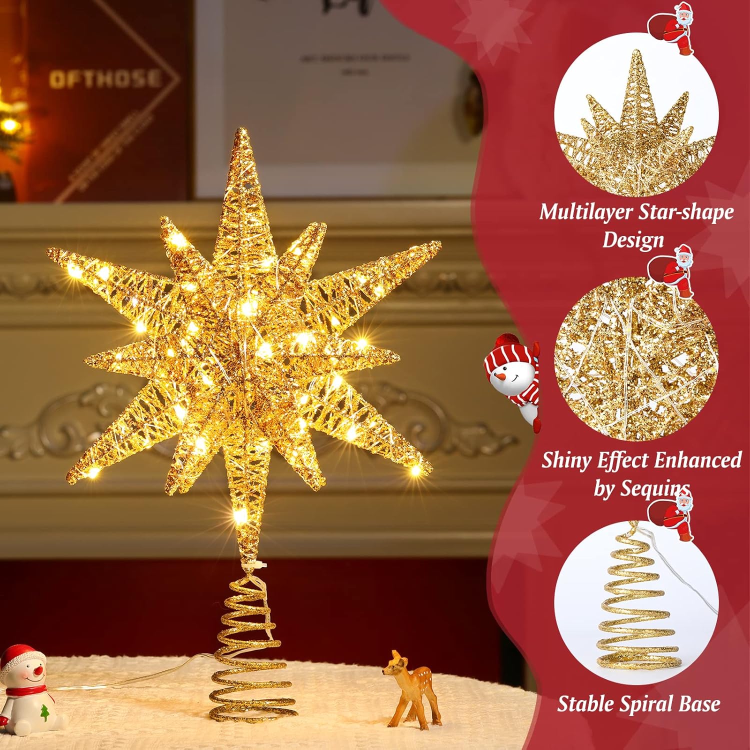 Roylvan Christmas Star Tree Topper with 8 Lighting Modes, USB Lighted Tree Topper with 20 LED Lights, Shiny Treetop Christmas Tree Decoration for Indoor Outdoor Holiday Home Ornament Gift, 9.8 Inch(H)