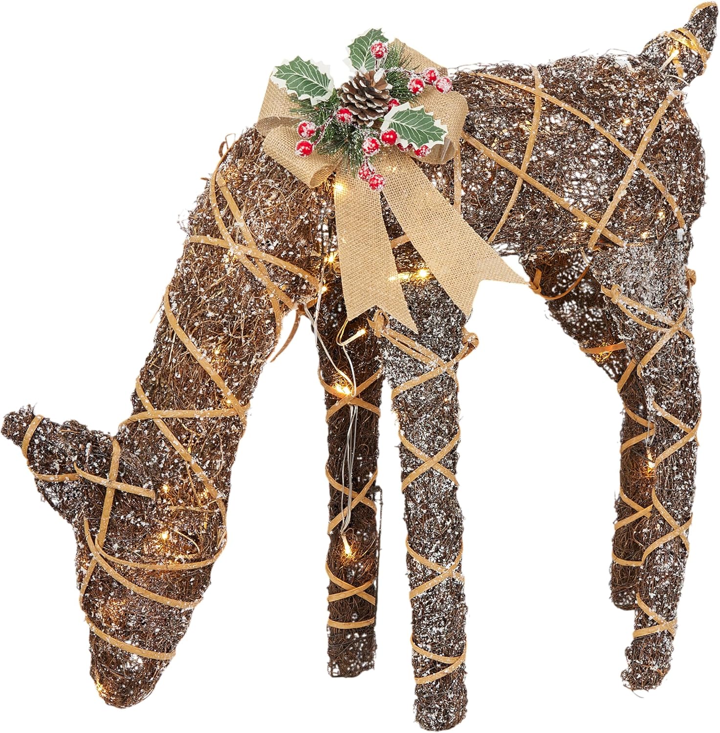 Alpine Corporation 24 Tall Outdoor Rattan Grazing Reindeer Lawn Decoration with White LED Lights, Christmas Yard Decor, Holiday Garden Display