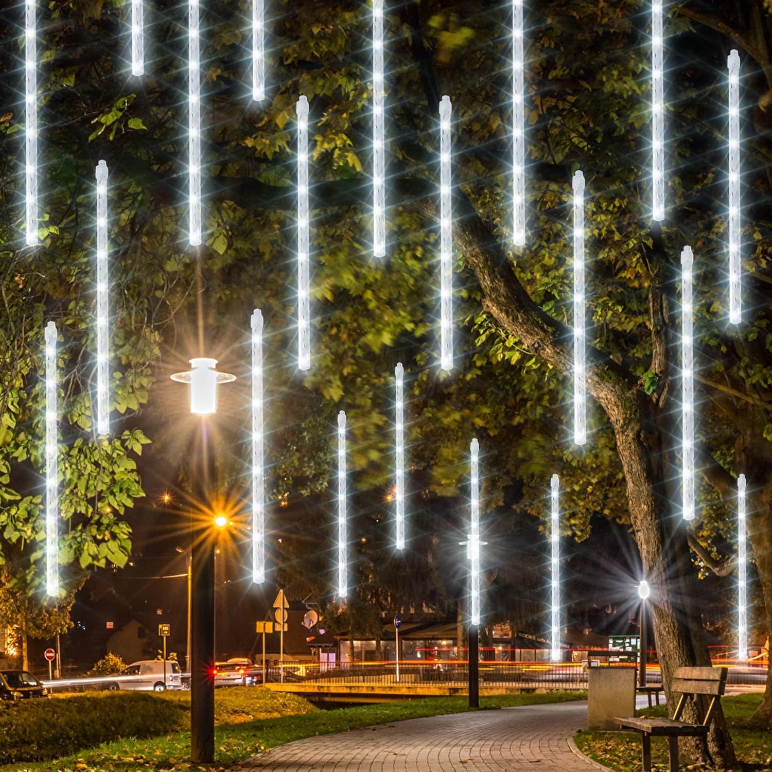 Dazzle Bright 864LED Christmas Light, Meteor Shower Rain Lights 11.8 Inch 24 Tubes, Waterproof Plug in Falling Rain Lights Christmas Decorations for Xmas Bushes Tree Yard Party (Blue)