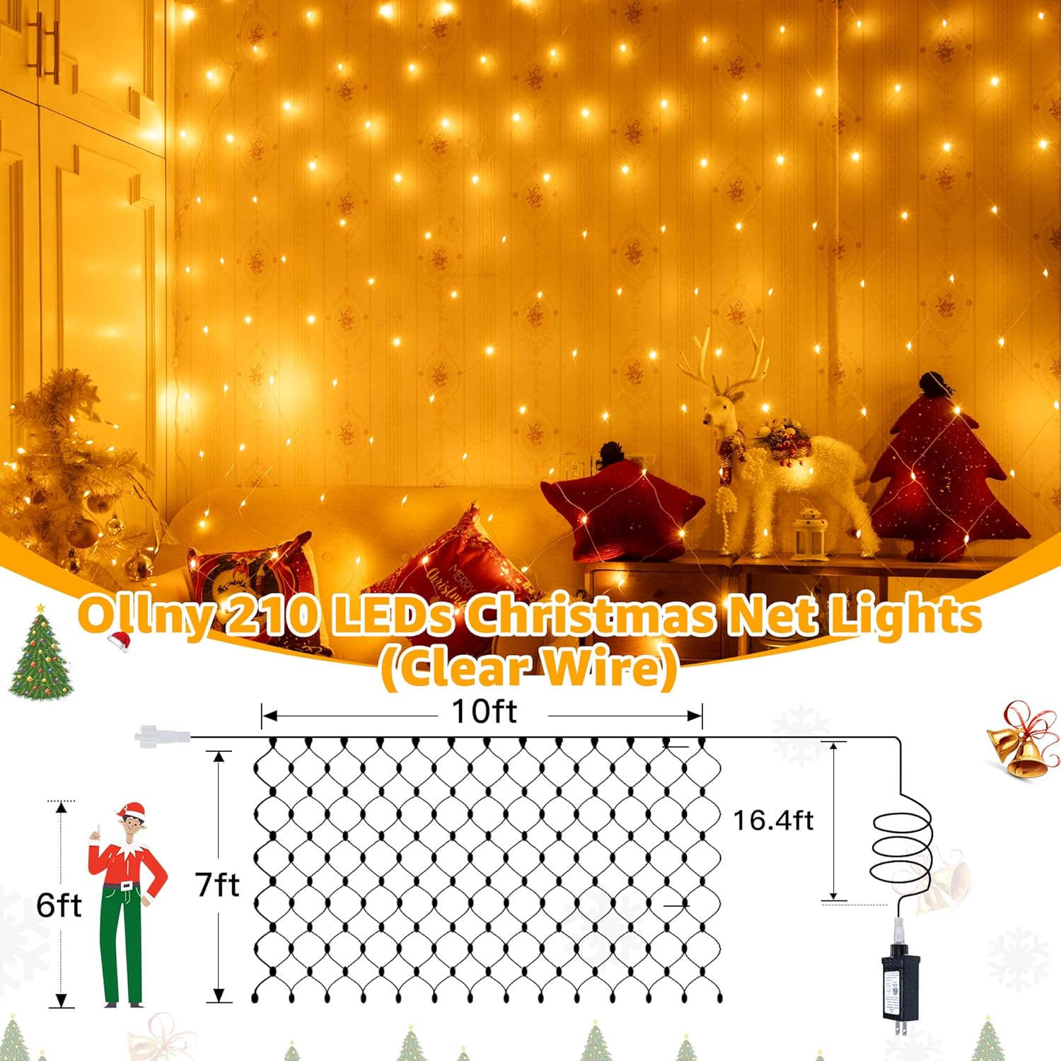 Ollny Net Lights Outdoor Mesh Light 10x7ft, 210LED Clear Wire Connectable Christmas Net Lights with 8 Modes, IP67 Waterproof Bush Light for Tree Wall Ceiling Outside Decorations, Warm White