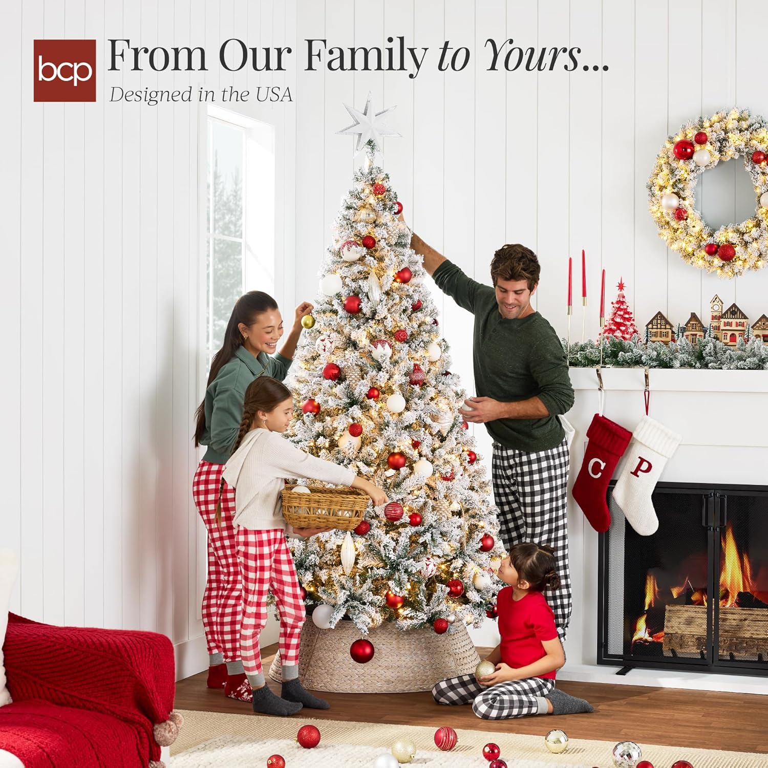 Best Choice Products Pre-Lit Artificial Christmas Tree, 6ft Snow Flocked Design Pine Tree, Full Appearance Snowy w/Easy Assembly, Metal Stand