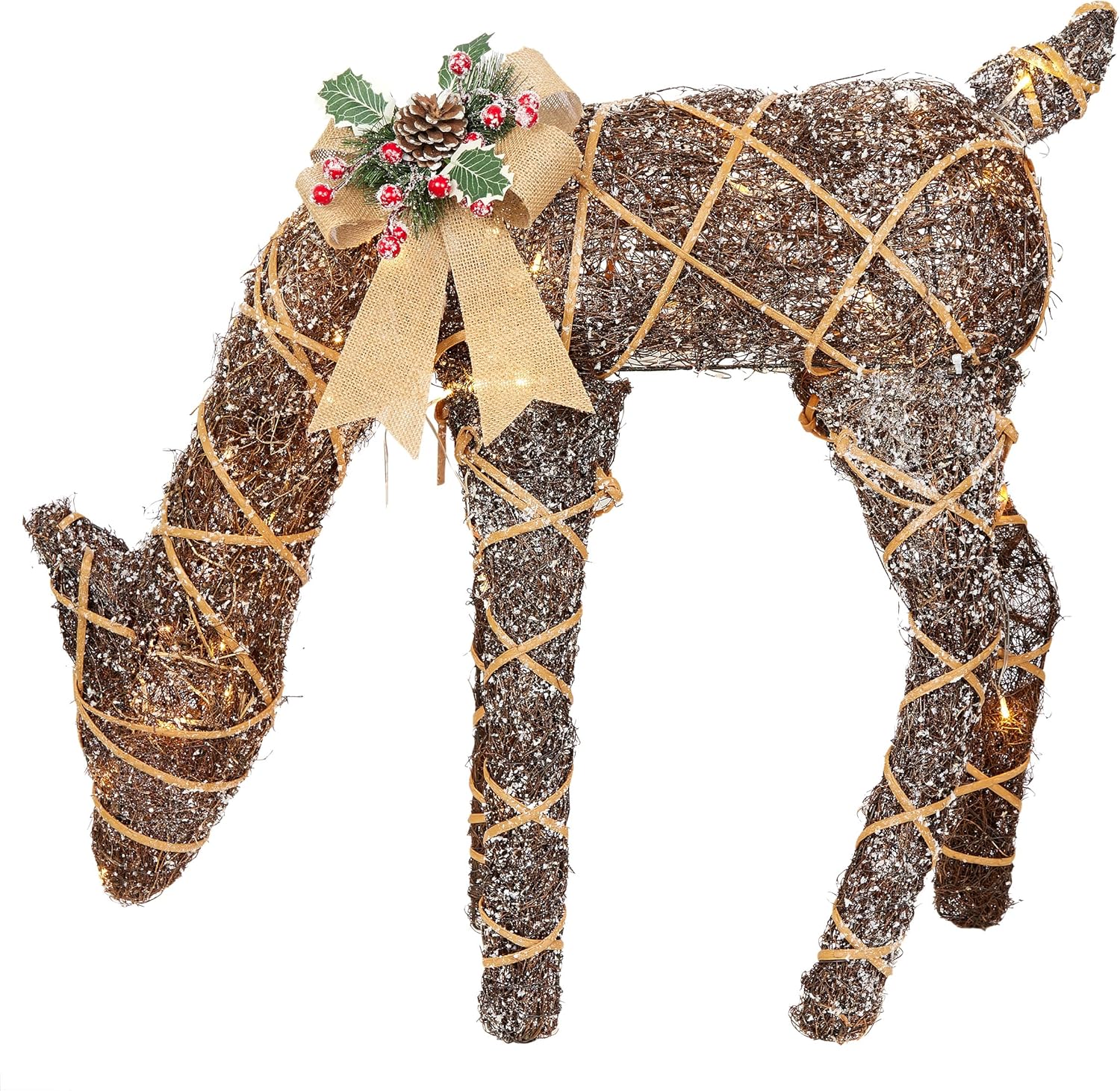 Alpine Corporation 24 Tall Outdoor Rattan Grazing Reindeer Lawn Decoration with White LED Lights, Christmas Yard Decor, Holiday Garden Display