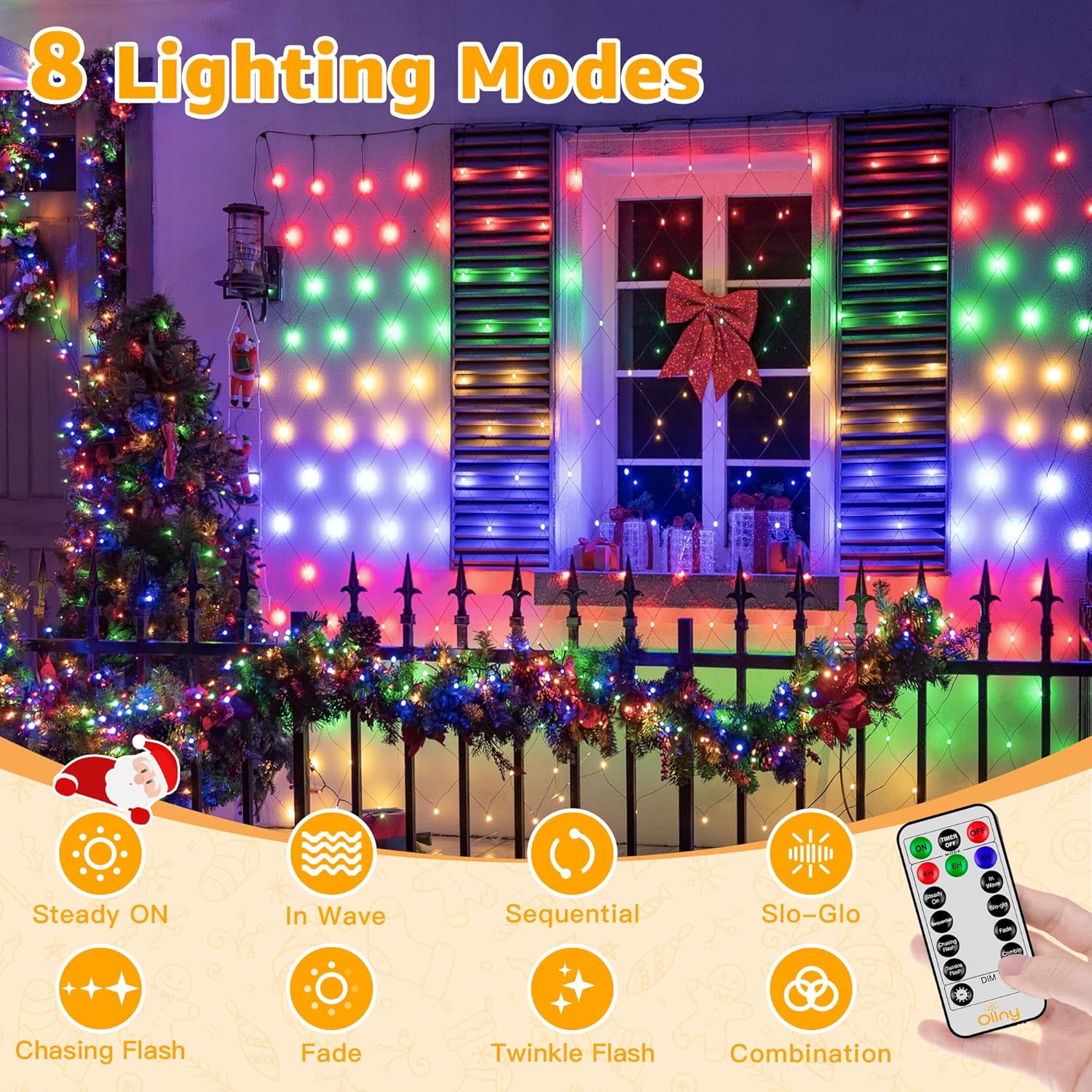 Ollny Net Lights Outdoor Mesh Light 10x7ft, 210LED Clear Wire Connectable Christmas Net Lights with 8 Modes, IP67 Waterproof Bush Light for Tree Wall Ceiling Outside Decorations, Warm White