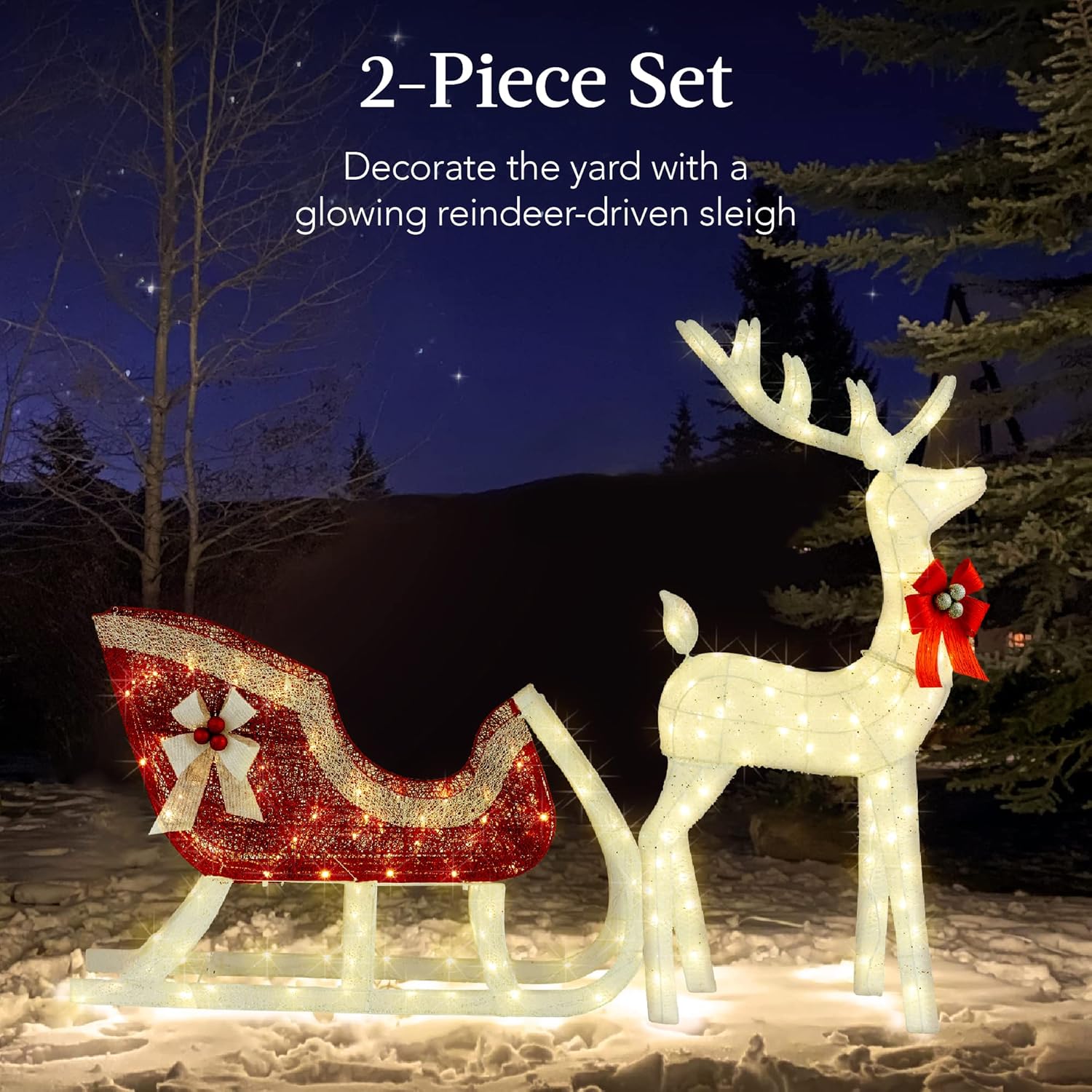 Best Choice Products Lighted Christmas 4ft Reindeer & Sleigh Holiday Outdoor Yard Decoration Set w/ 205 LED Lights, Stakes, Zip Ties - Gold