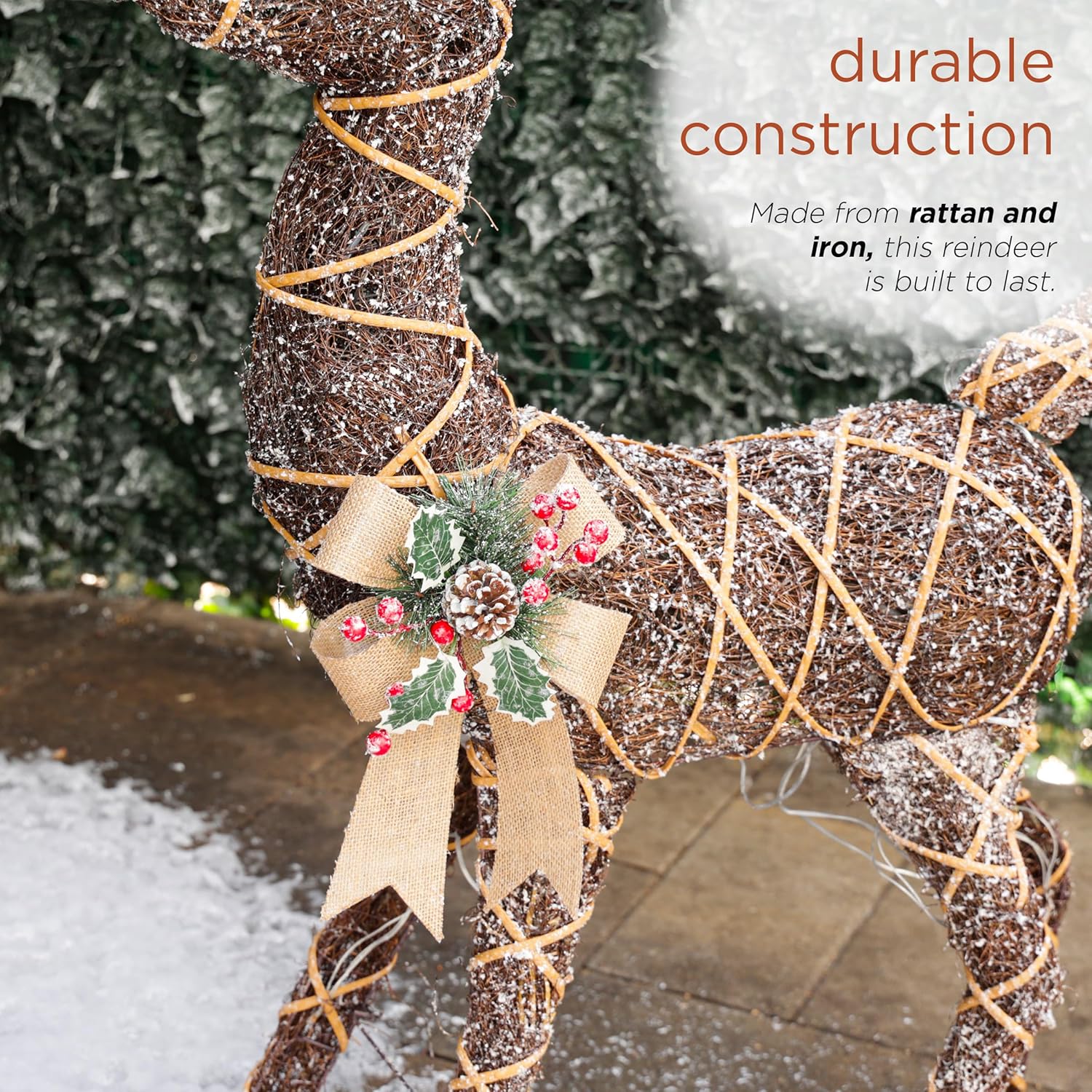 Alpine Corporation 24 Tall Outdoor Rattan Grazing Reindeer Lawn Decoration with White LED Lights, Christmas Yard Decor, Holiday Garden Display