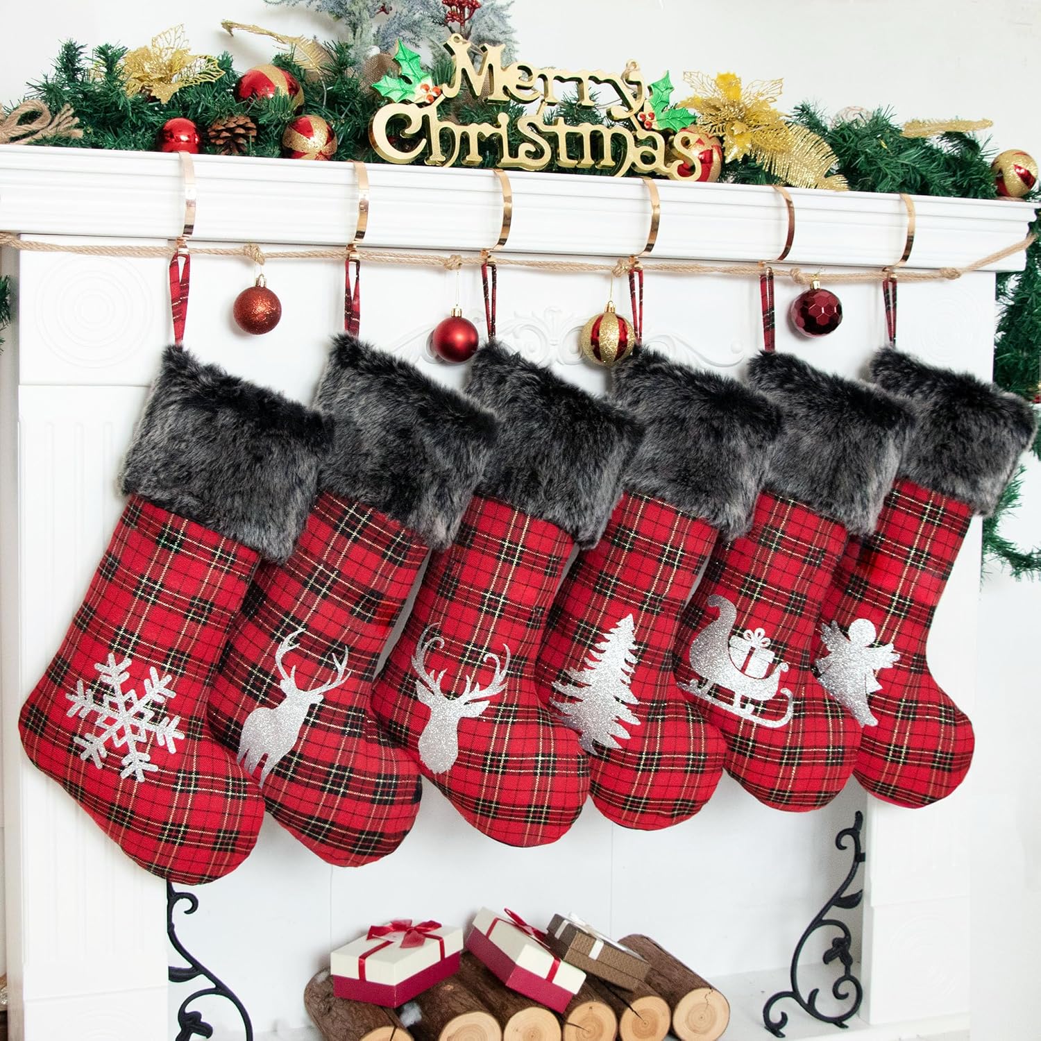 LUBOT Set of 8 Christmas Stocking(20inch) Silhouette Buffalo Red Plaid/Rustic/Farmhouse/Country Cotton Fireplace Hanging Xmas Stockings Decorations for Family Holiday Season Decor