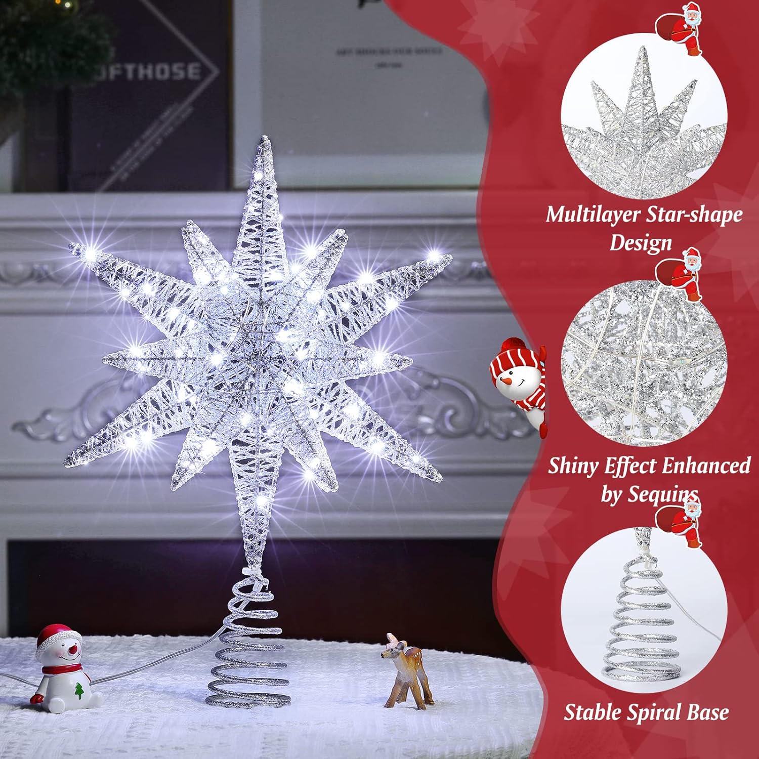 Roylvan Christmas Star Tree Topper with 8 Lighting Modes, USB Lighted Tree Topper with 20 LED Lights, Shiny Treetop Christmas Tree Decoration for Indoor Outdoor Holiday Home Ornament Gift, 9.8 Inch(H)